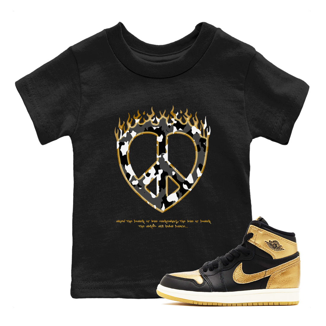 Love Peace snkmatch Tees Kids - Air Jordan 1 Black Metallic Gold