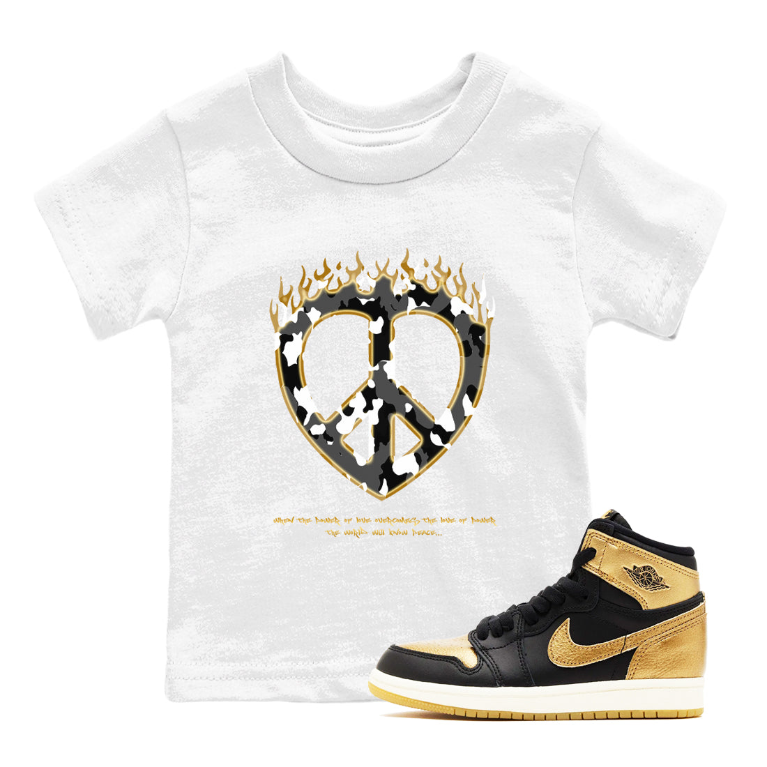 Love Peace snkmatch Tees Kids - Air Jordan 1 Black Metallic Gold