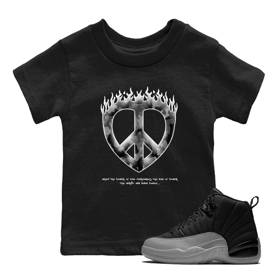 Love Peace snkmatch Tees Kids - Air Jordan 12 Black Wolf Grey