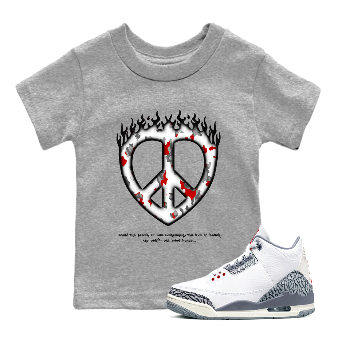 Love Peace snkmatch Tees Kids - Air Jordan 3 Cement Grey