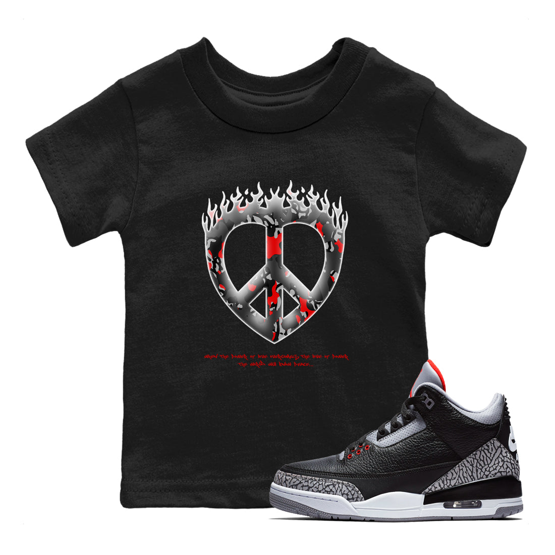 Love Peace snkmatch Tees Kids - Air Jordan 3 Black Cement