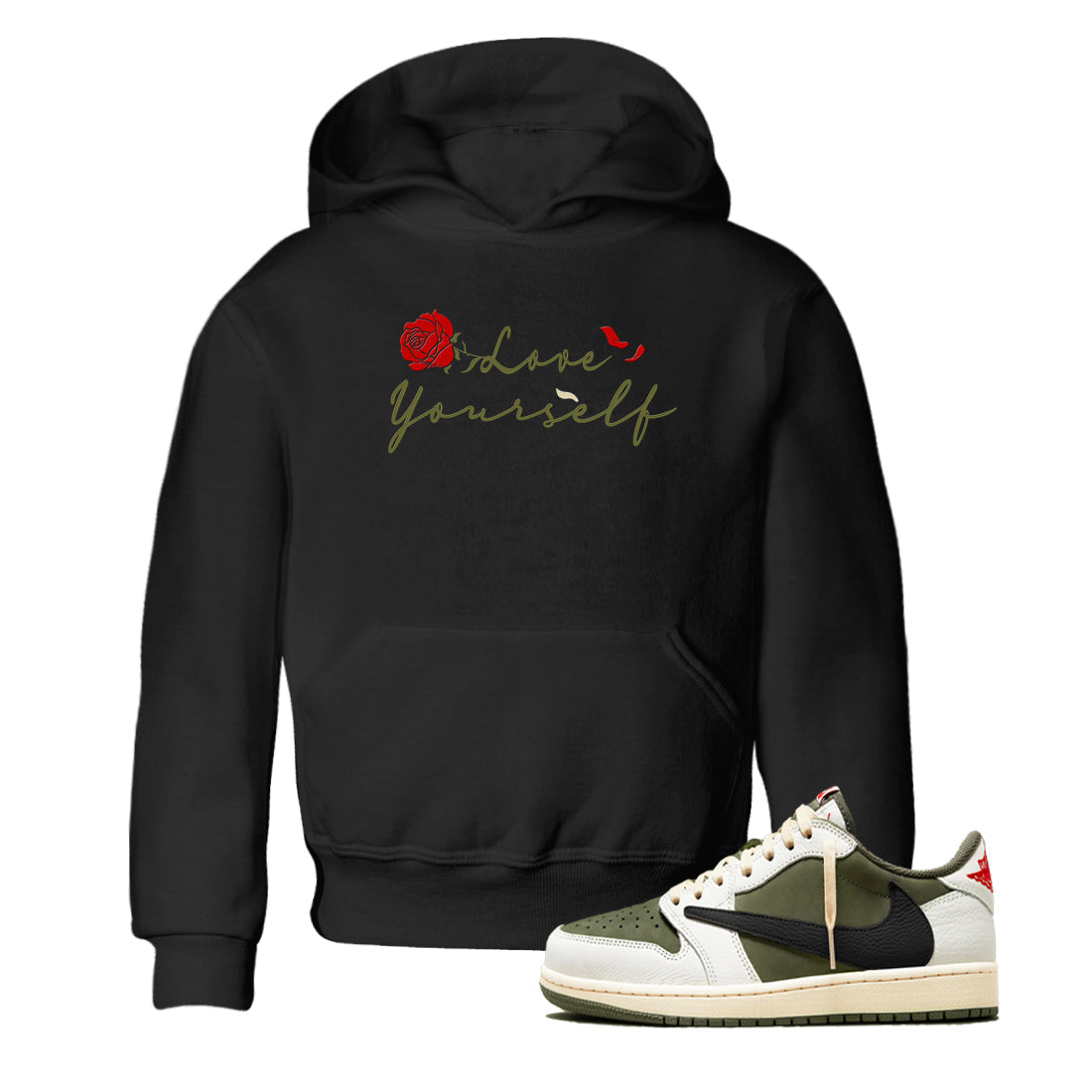Love Yourself snkmatch Tees Kids - Air Jordan 1 Travis Scott Medium Olive