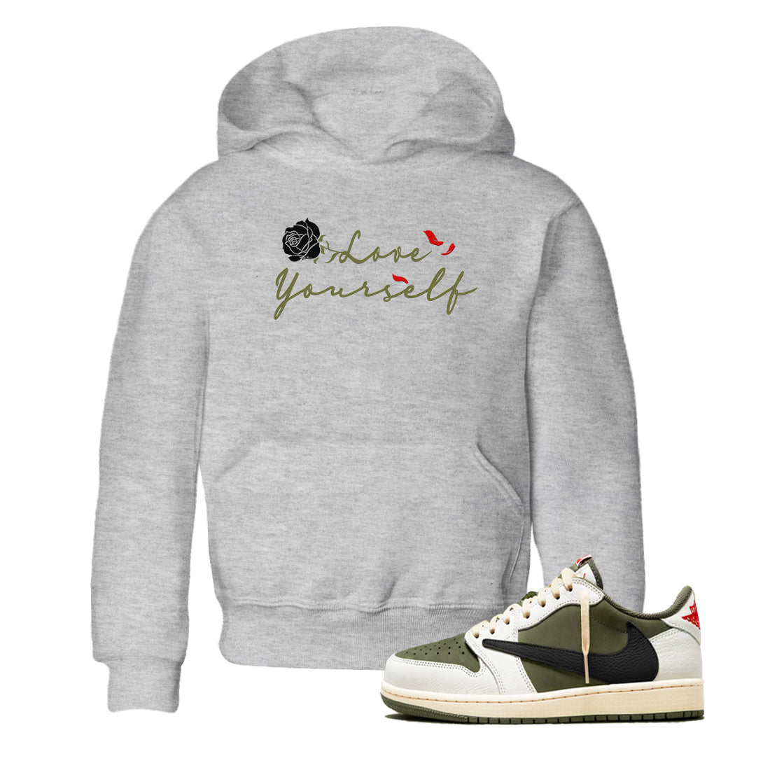 Love Yourself snkmatch Tees Kids - Air Jordan 1 Travis Scott Medium Olive