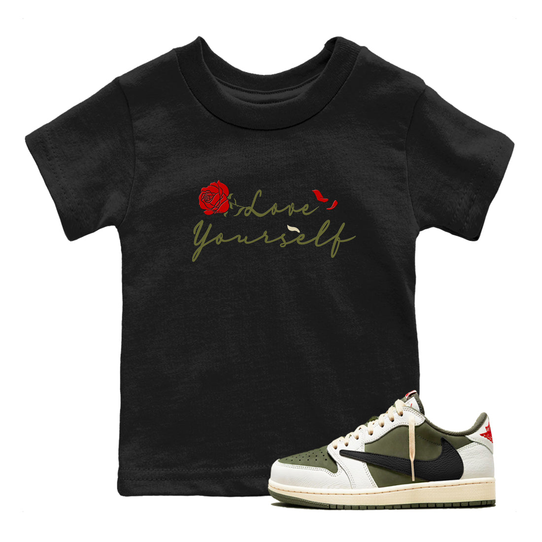Love Yourself snkmatch Tees Kids - Air Jordan 1 Travis Scott Medium Olive