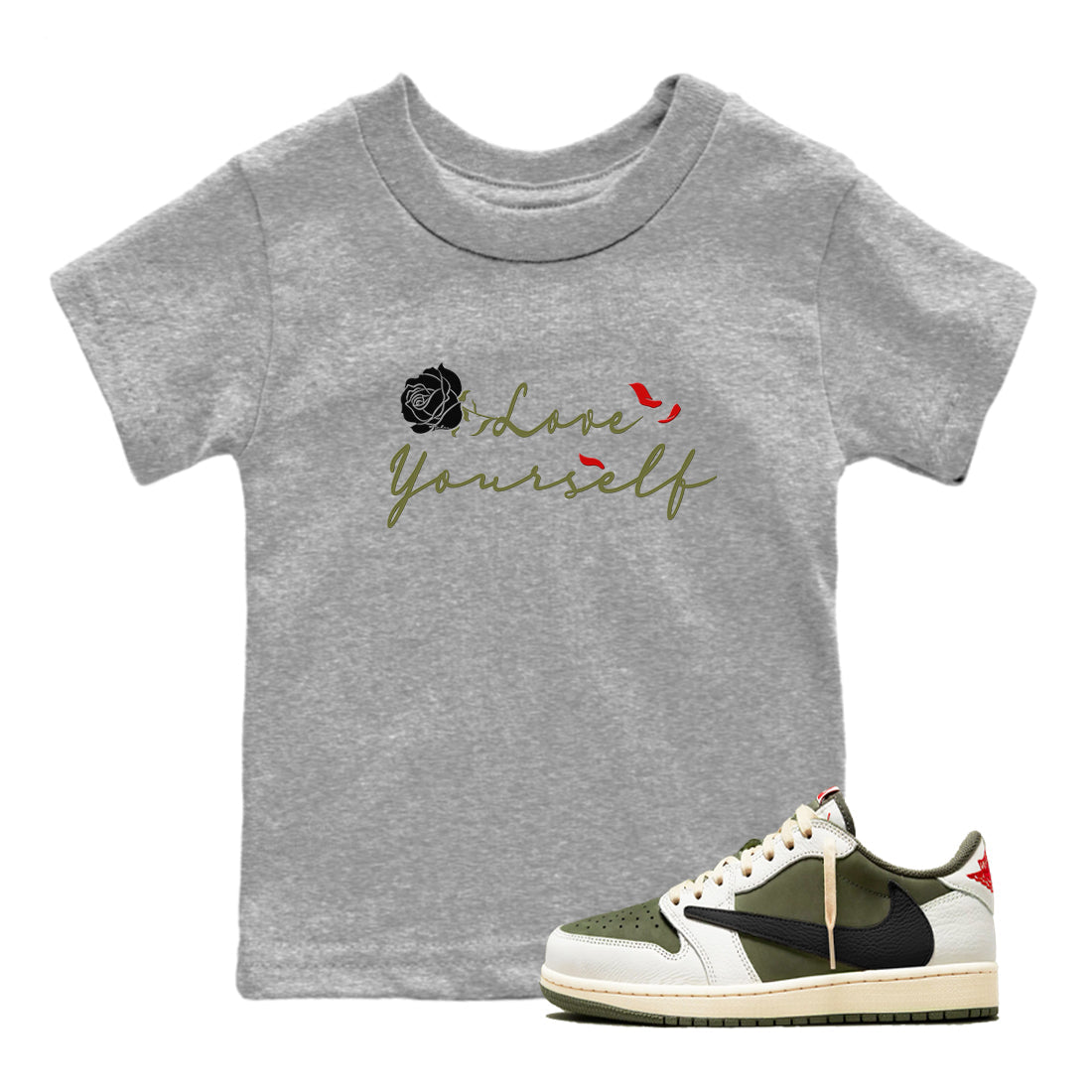 Love Yourself snkmatch Tees Kids - Air Jordan 1 Travis Scott Medium Olive