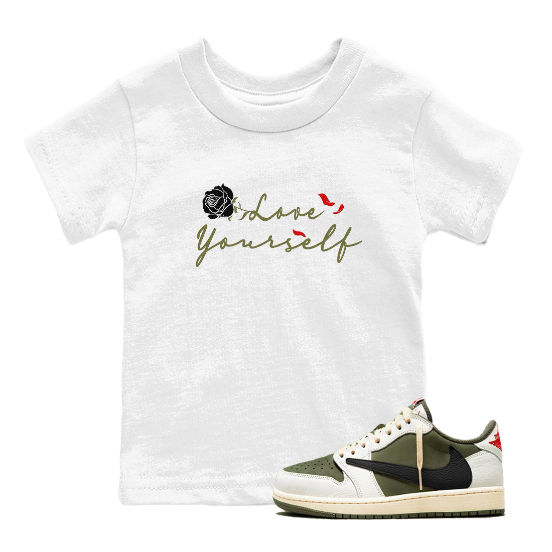 Love Yourself snkmatch Tees Kids - Air Jordan 1 Travis Scott Medium Olive