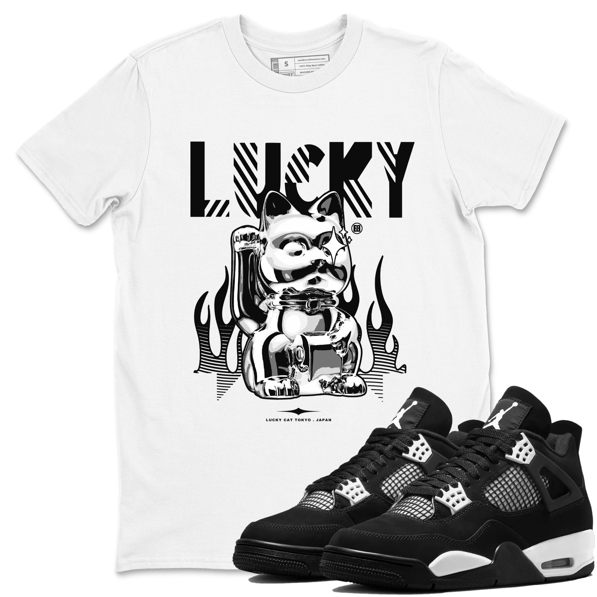 Lucky Cat snkmatch Tees - Air Jordan 4 White Thunder
