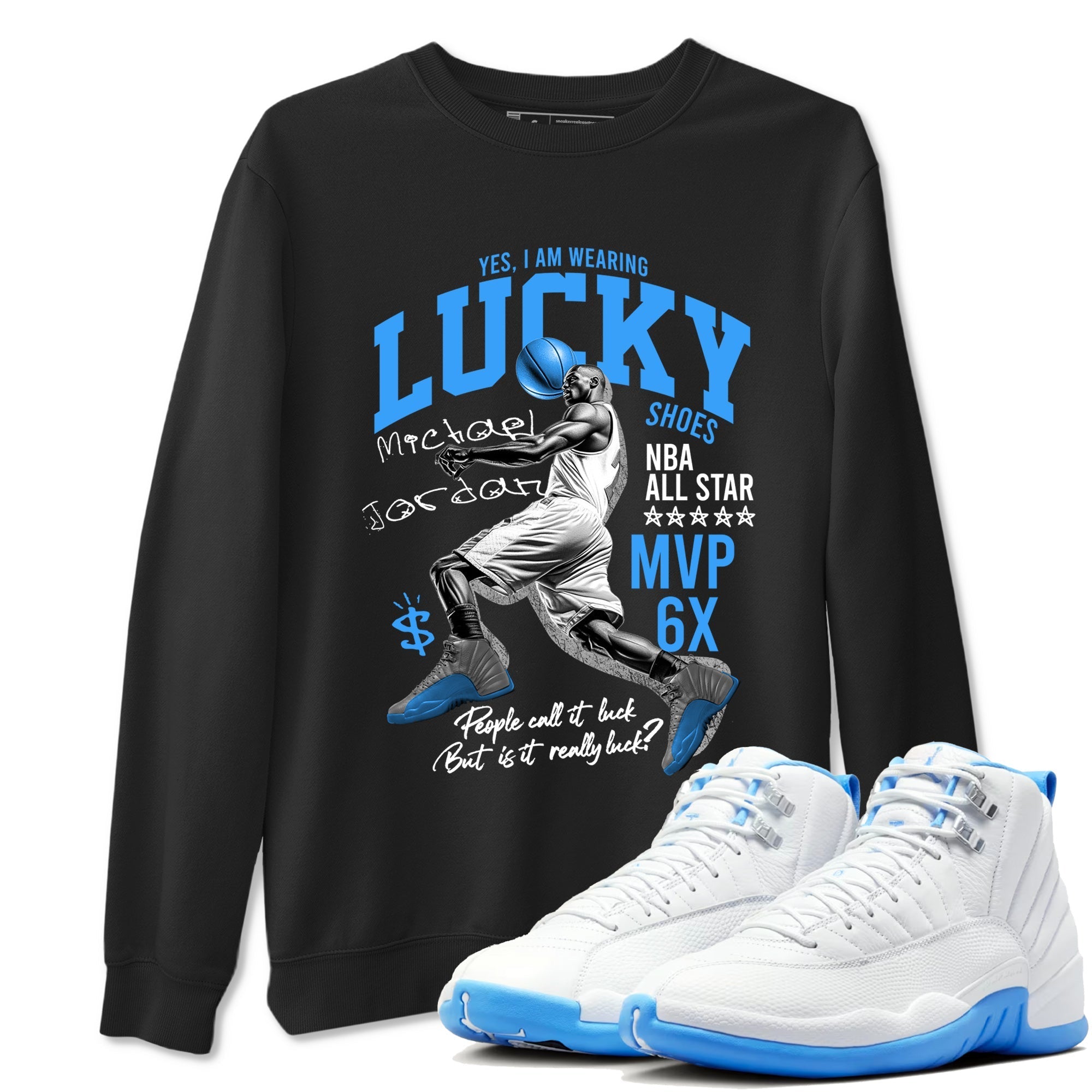 Lucky Player snkmatch Tees - Air Jordan 12 White and University Blue