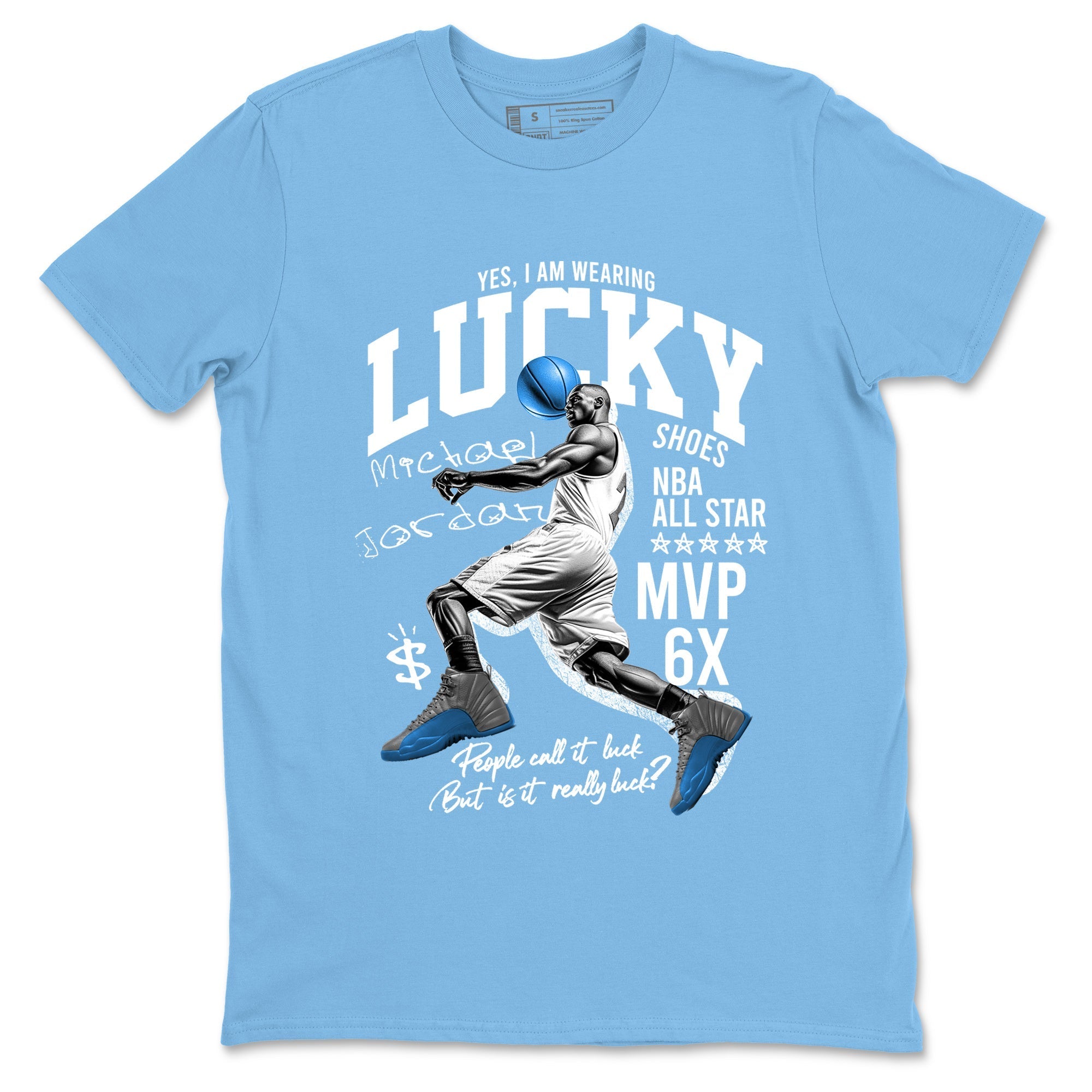 Lucky Player snkmatch Tees - Air Jordan 12 White and University Blue
