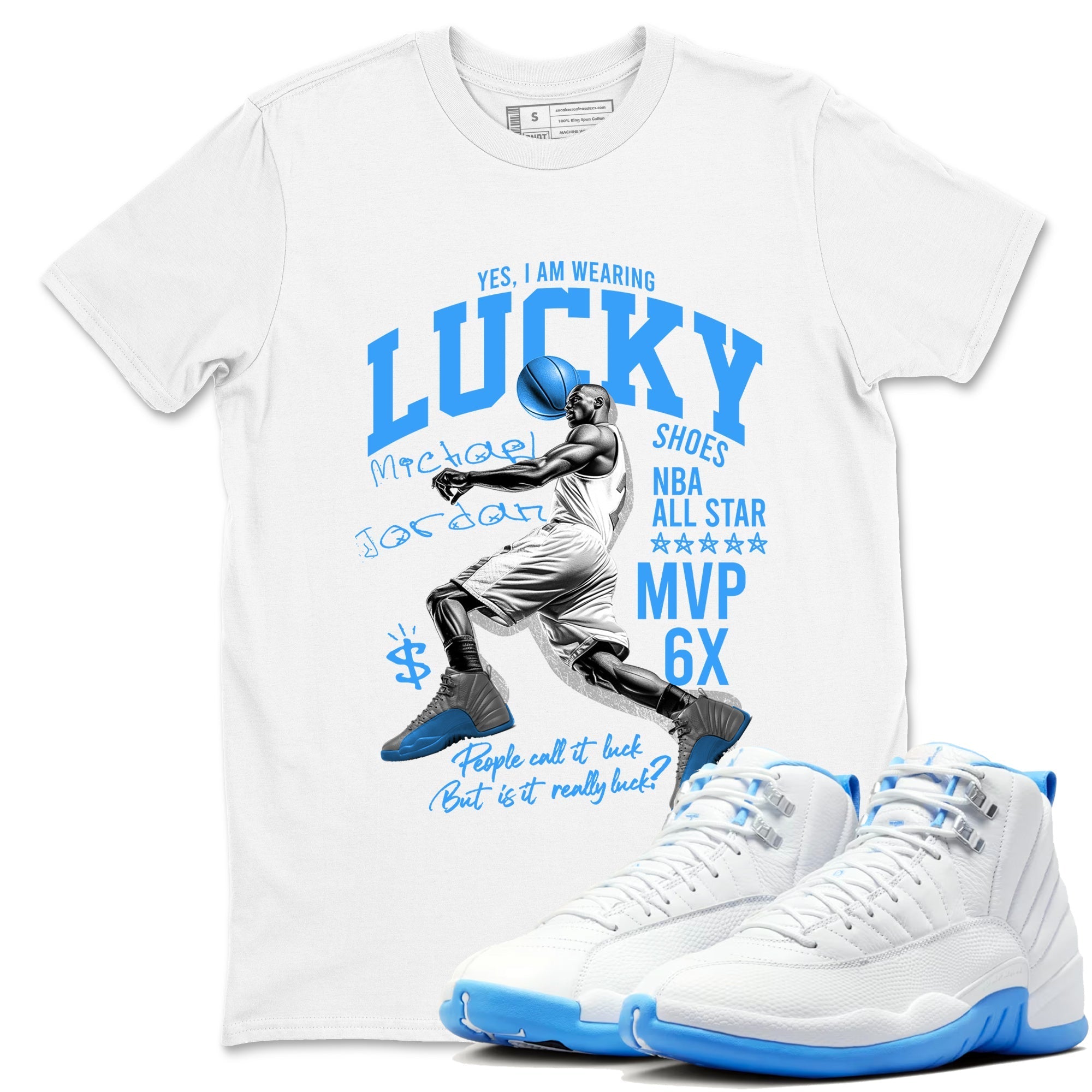Lucky Player snkmatch Tees - Air Jordan 12 White and University Blue