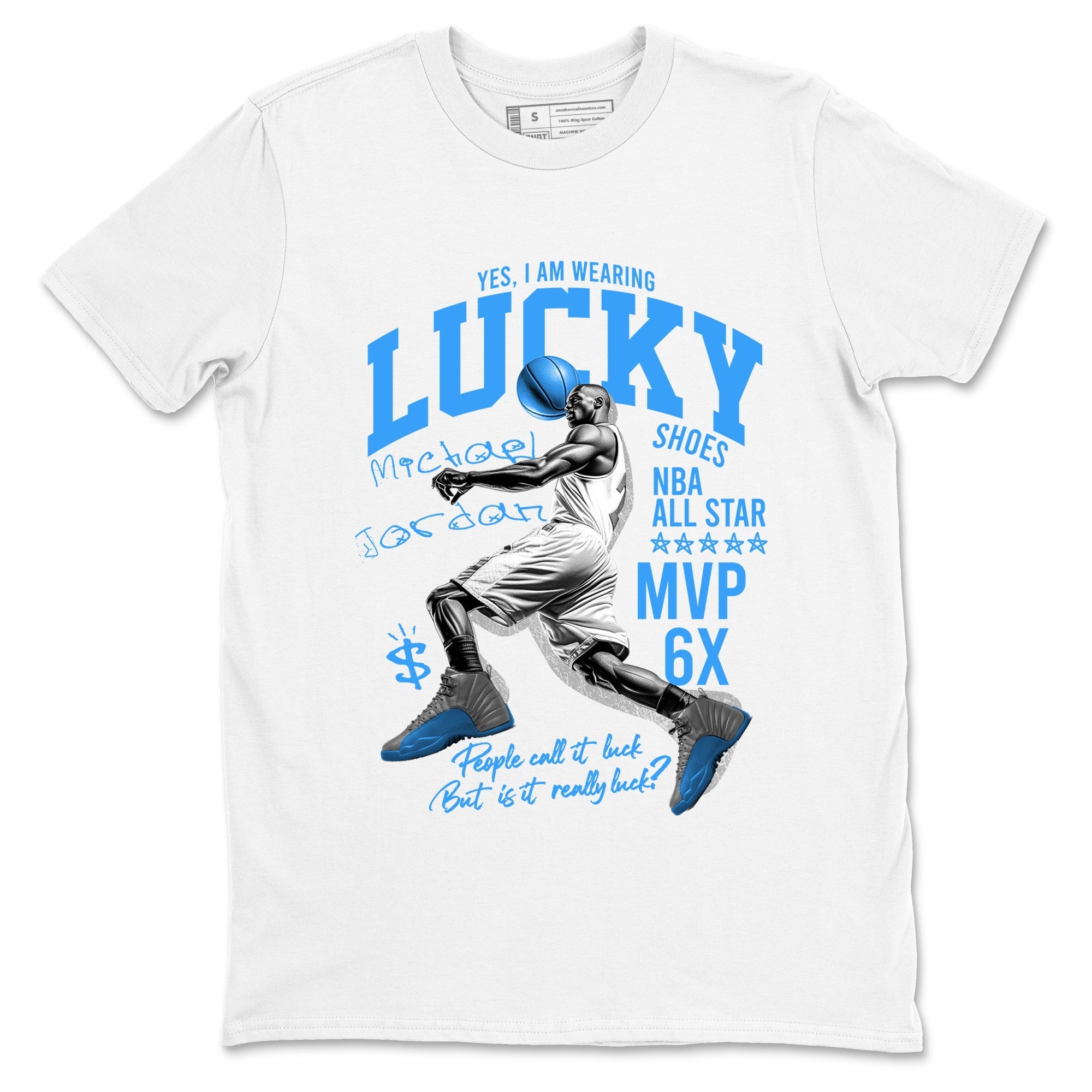 Lucky Player snkmatch Tees - Air Jordan 12 White and University Blue