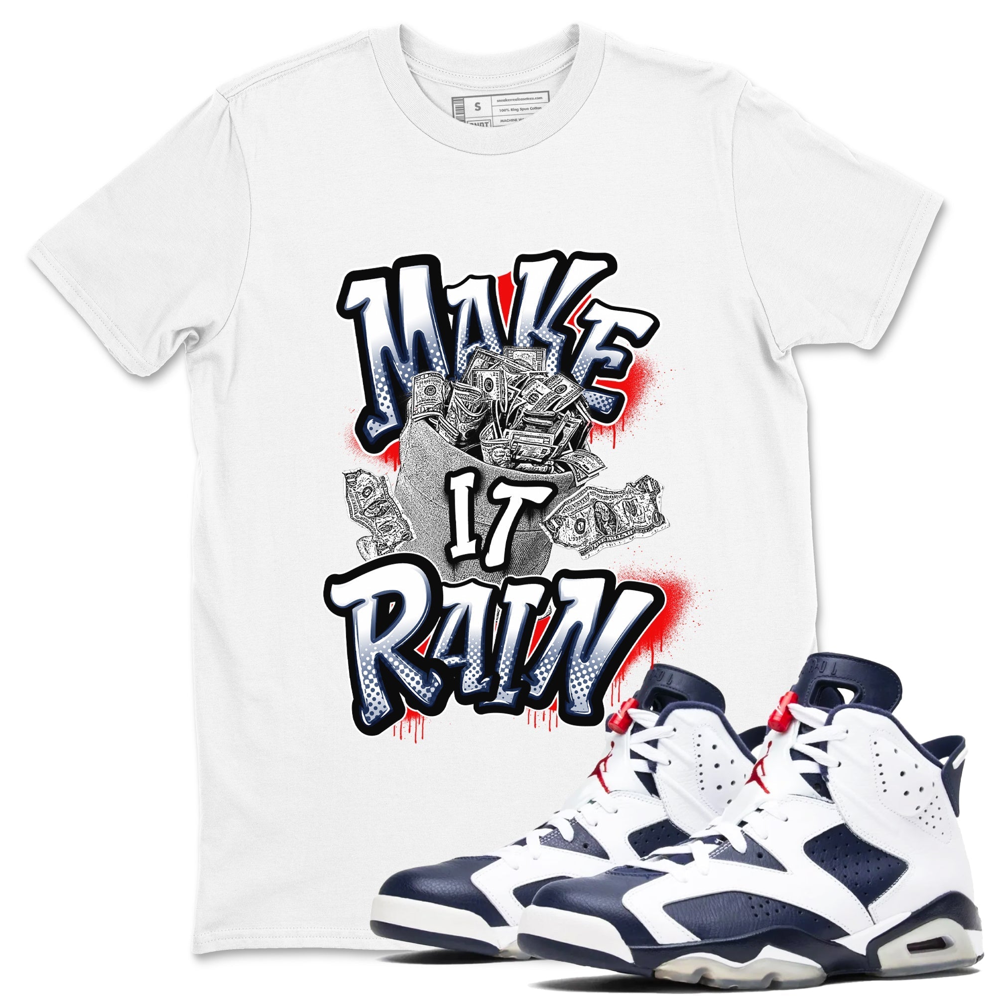 Make It Rain Money snkmatch Tees - Air Jordan 6 White And Midnight Navy