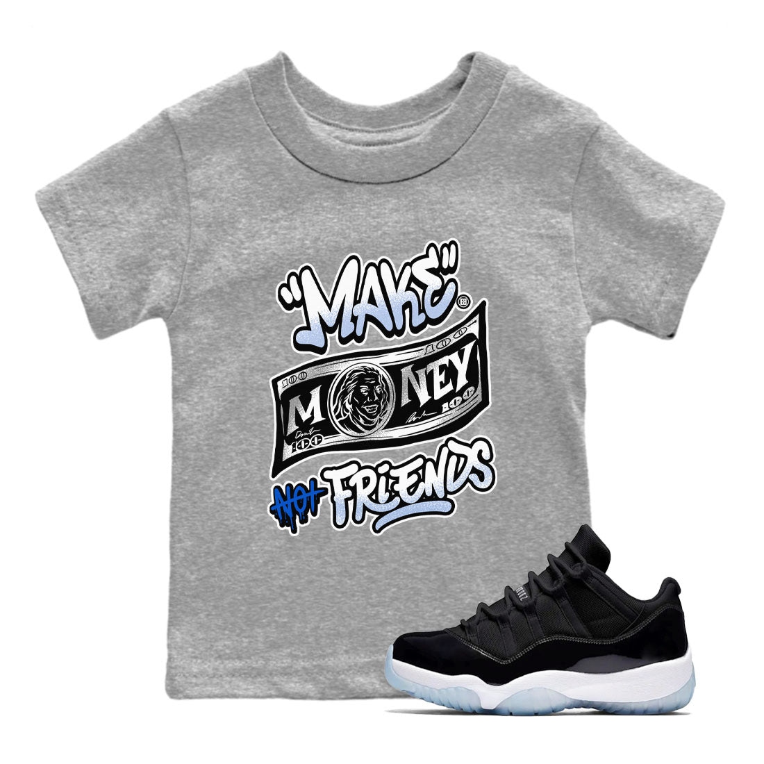 Make Money Not Friends snkmatch Tees Kids - Air Jordan 11 Black and Varsity Royal