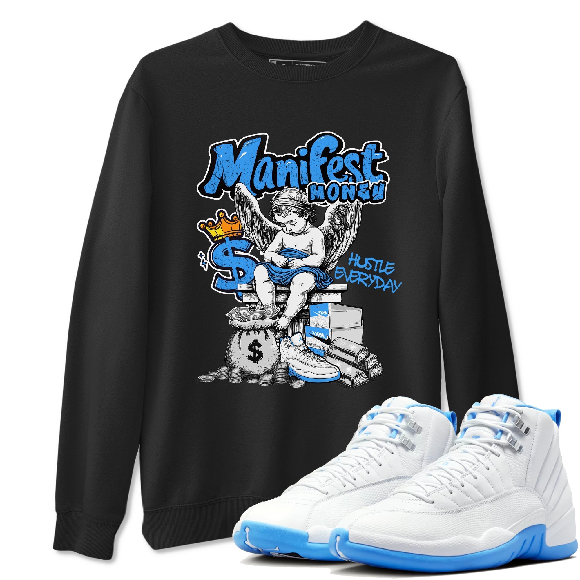 Manifest Money snkmatch Tees - Air Jordan 12 White and University Blue