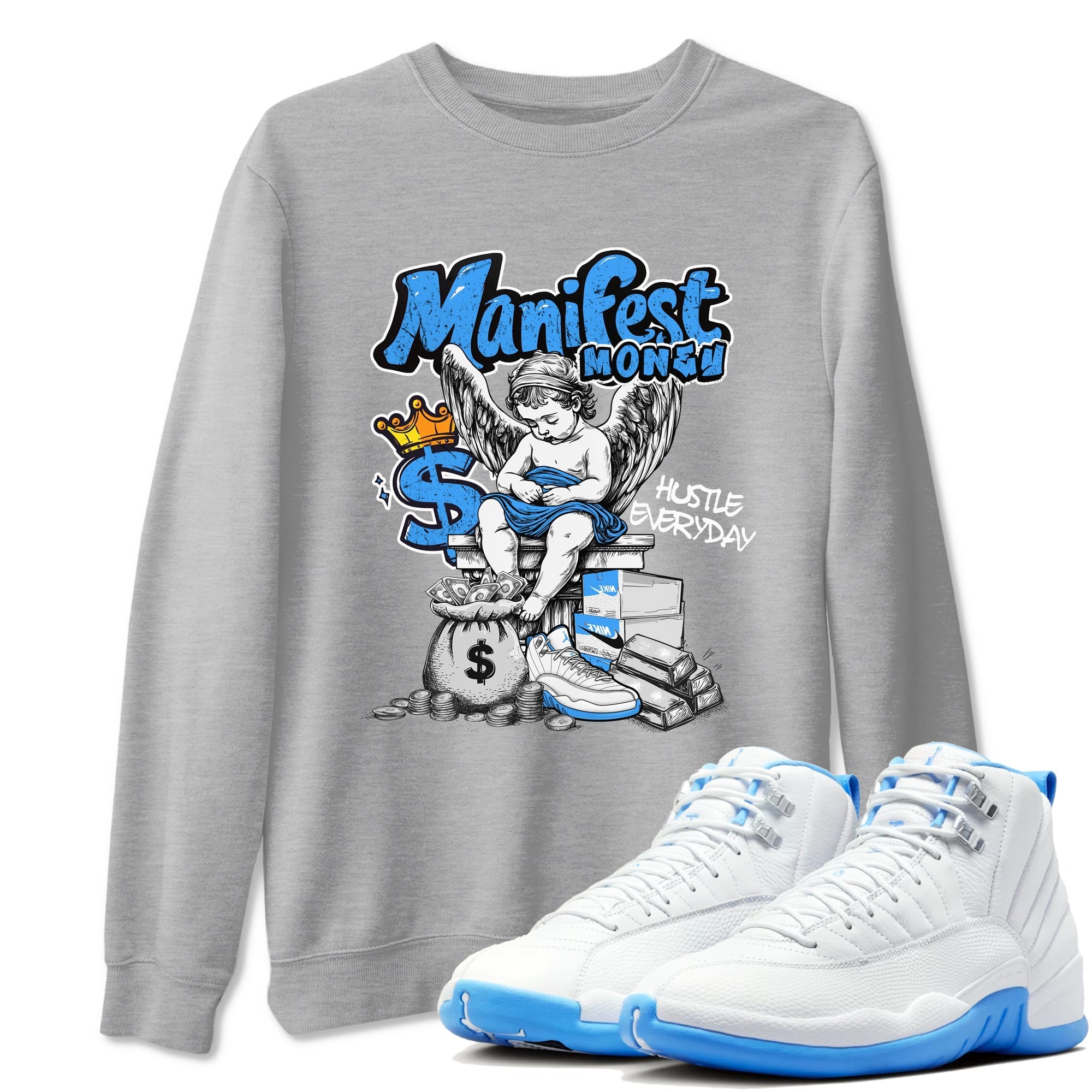 Manifest Money snkmatch Tees - Air Jordan 12 White and University Blue