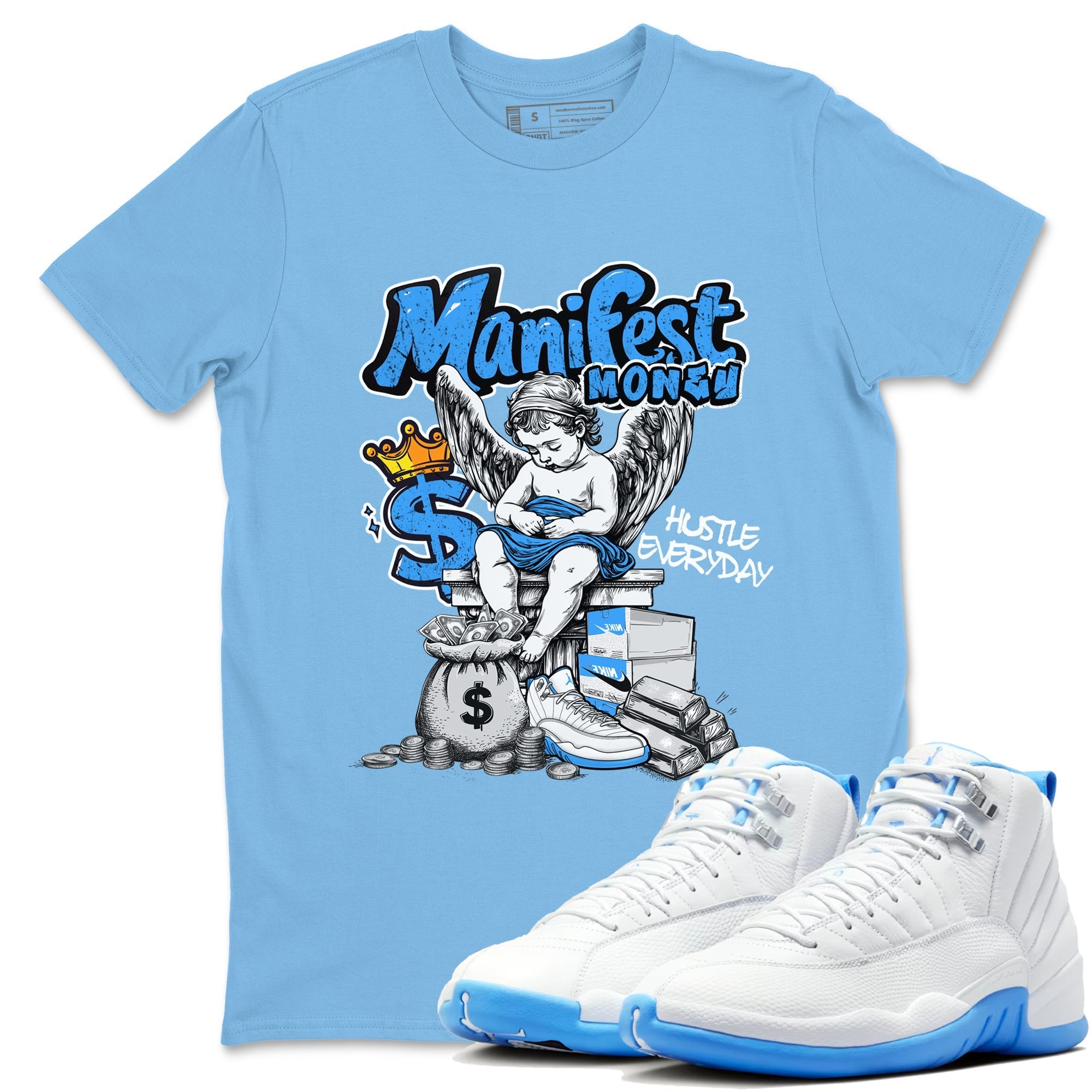 Manifest Money snkmatch Tees - Air Jordan 12 White and University Blue