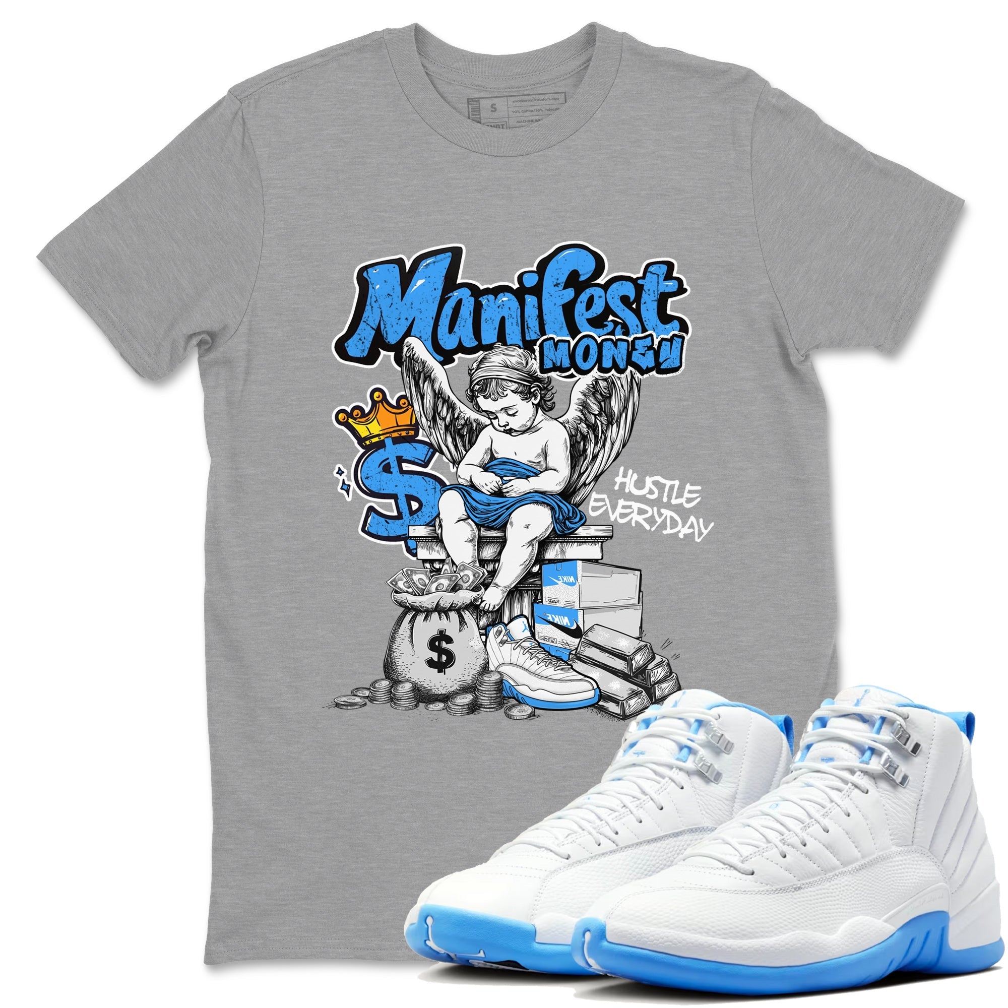 Manifest Money snkmatch Tees - Air Jordan 12 White and University Blue