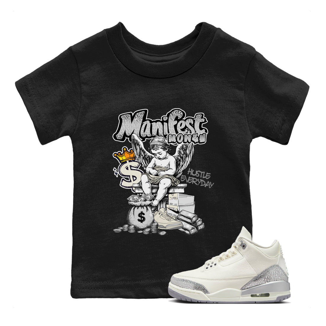 Manifest Money snkmatch Tees Kids - Air Jordan 3 Sail and Cement Grey
