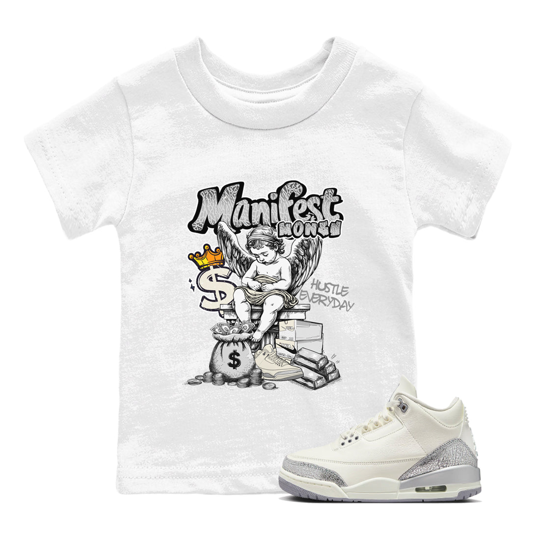Manifest Money snkmatch Tees Kids - Air Jordan 3 Sail and Cement Grey