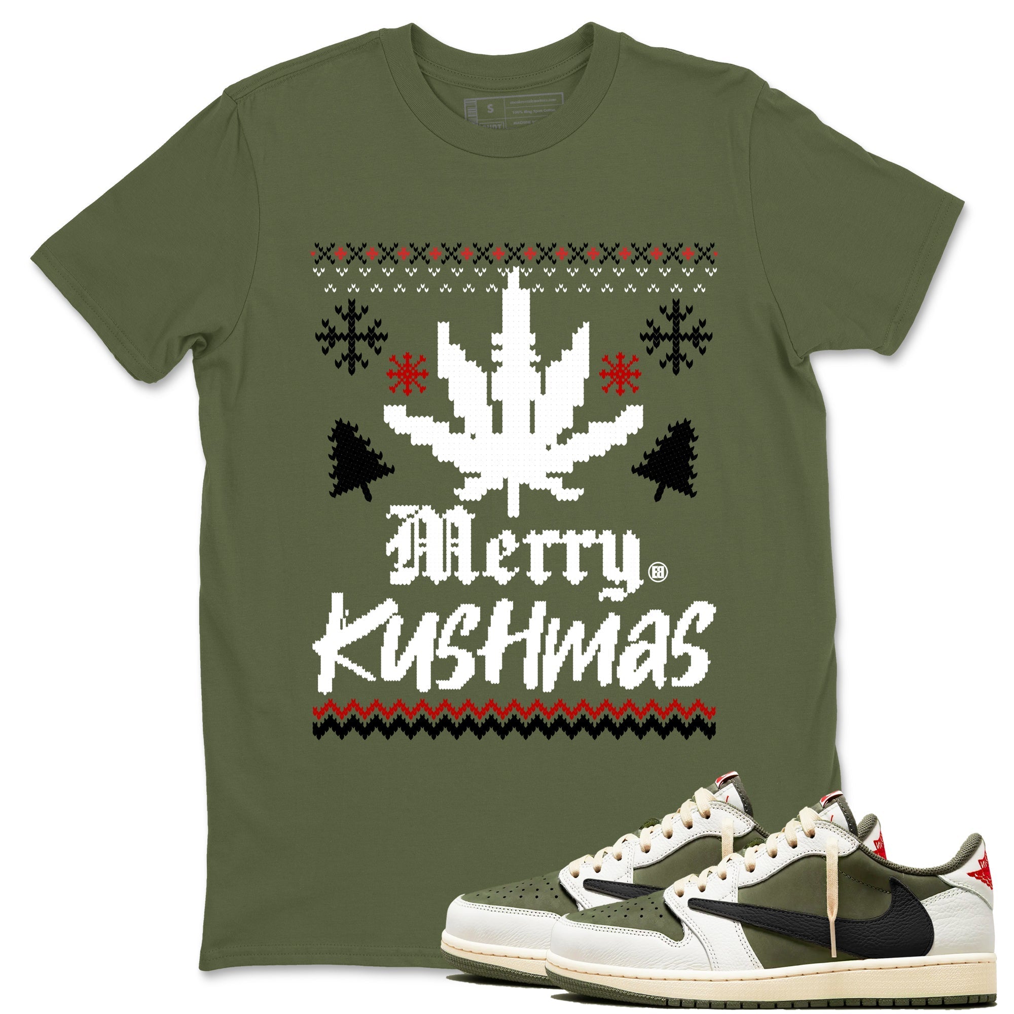 Merry Kushmas snkmatch Tees - Air Jordan 1 Travis Scott Medium Olive