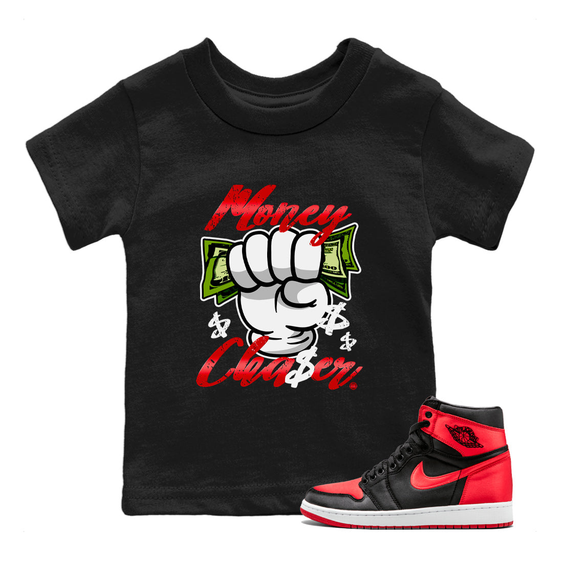 Money Chaser Kids Tops - Air Jordan 1 Satin Bred