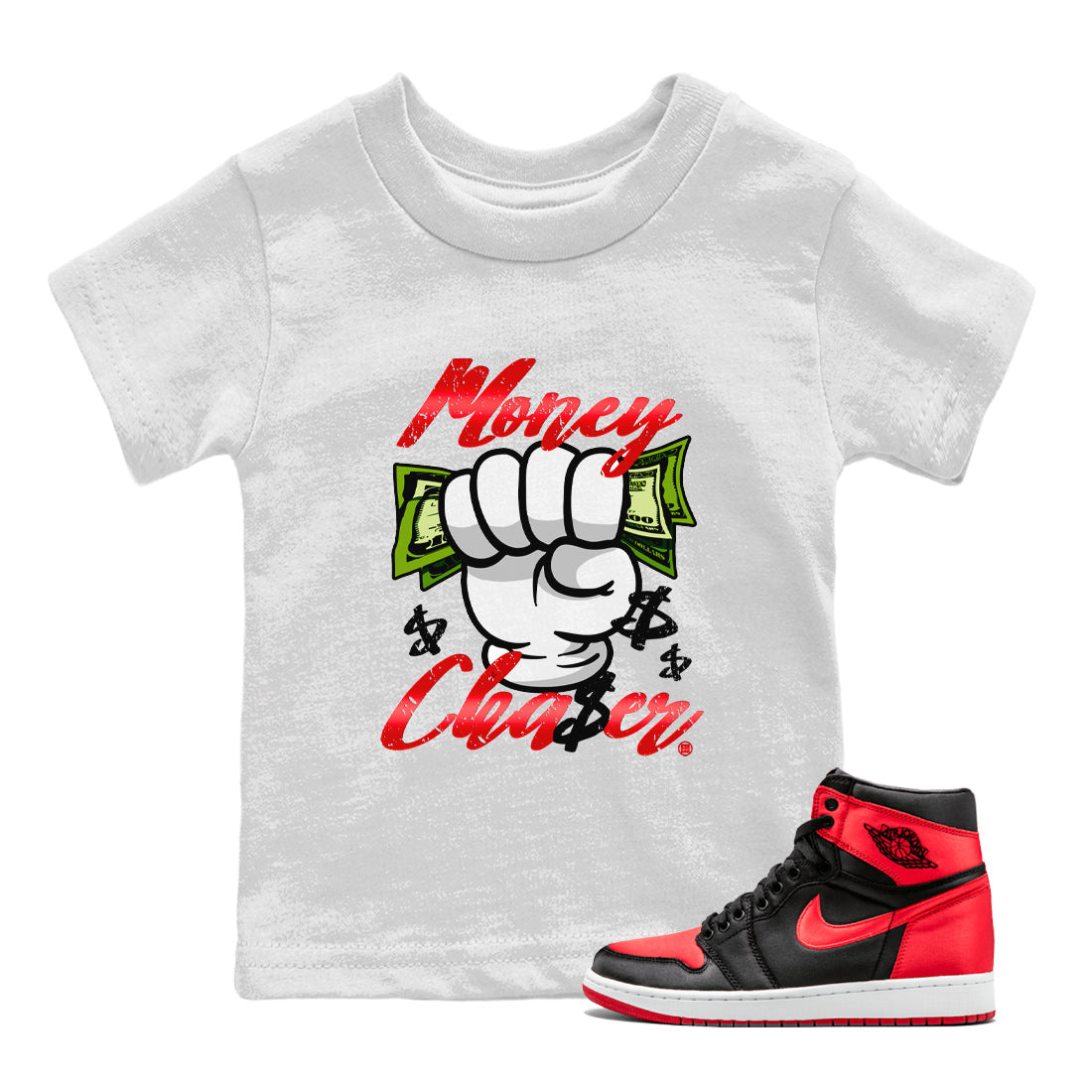 Money Chaser Kids Tops - Air Jordan 1 Satin Bred