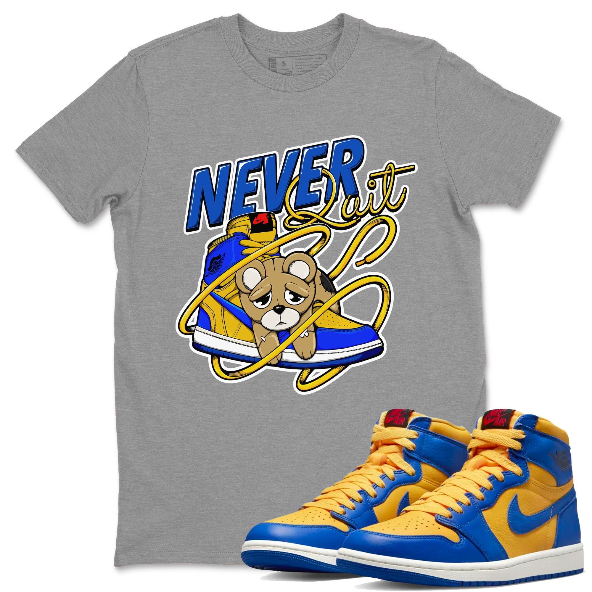 Never Quit snkmatch Tee - Air Jordan 1 Game Royal Varsity Maize