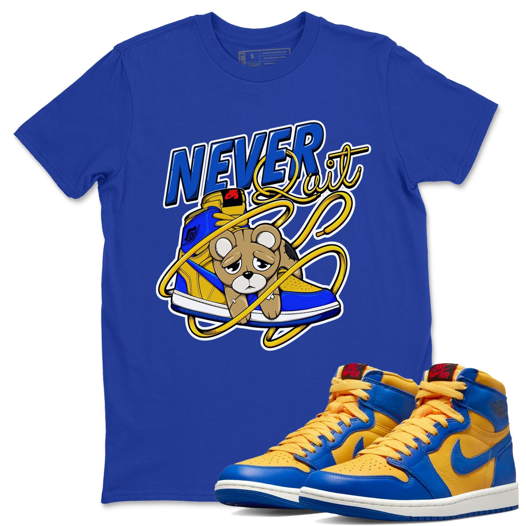 Never Quit snkmatch Tee - Air Jordan 1 Game Royal Varsity Maize