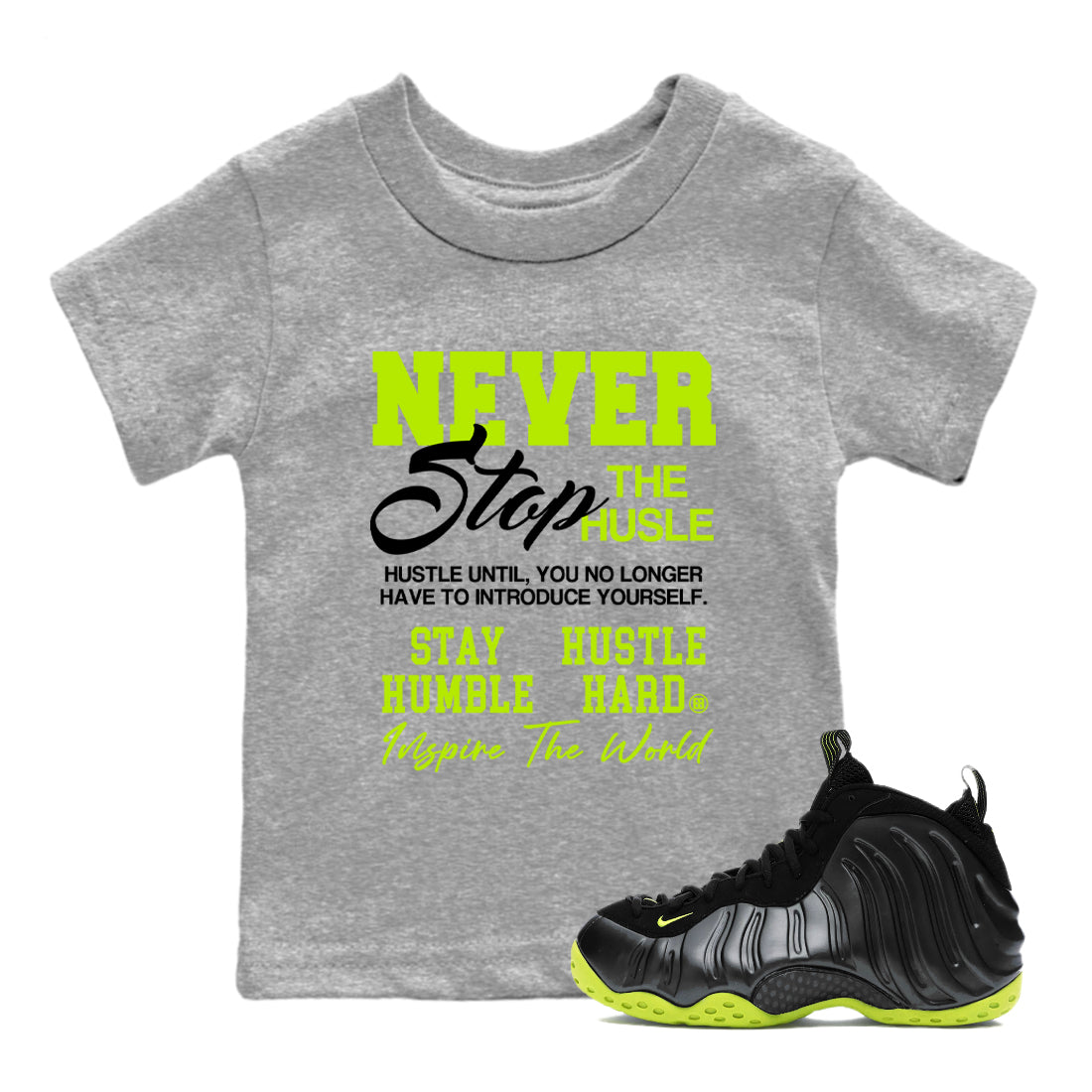 Never Stop The Hustle snkmatch Tees Kids - Air Foamposite One Black Volt