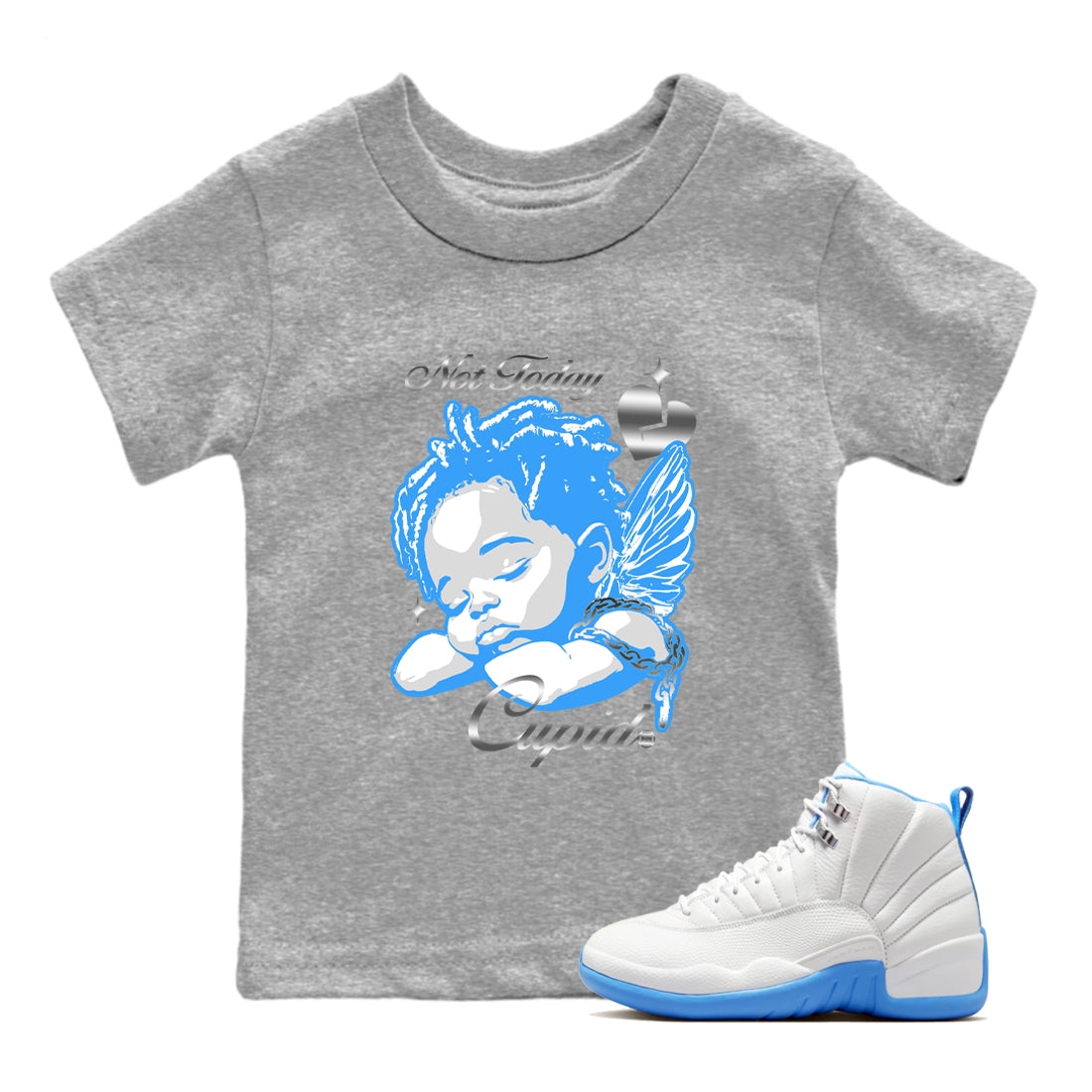 Not Today Cupid snkmatch Tees Kids - Air Jordan 12 White and University Blue
