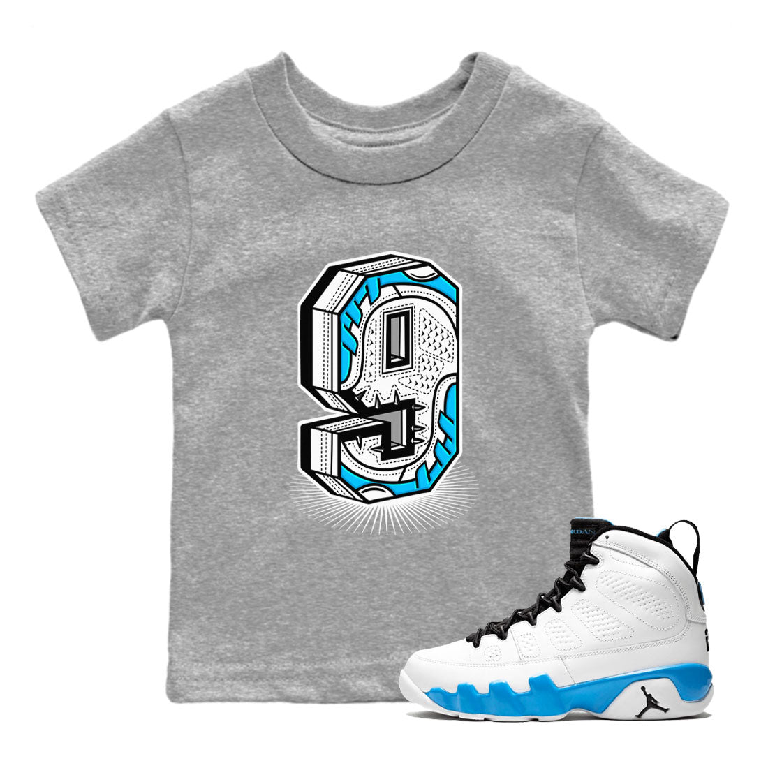 Number Statue snkmatch Tees Kids - Air Jordan 9 Powder Blue