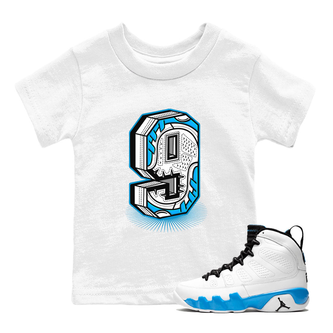Number Statue snkmatch Tees Kids - Air Jordan 9 Powder Blue