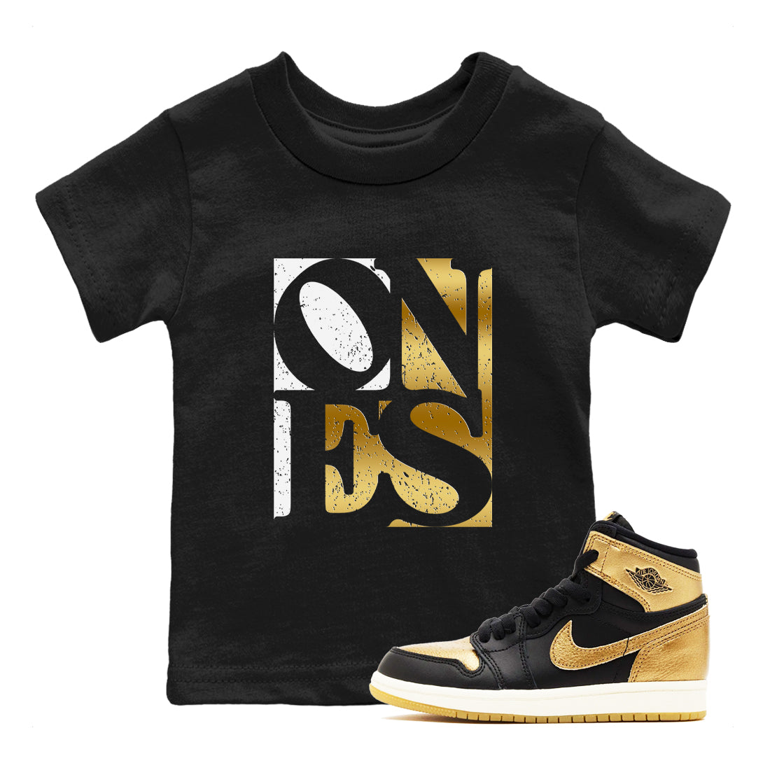 Ones snkmatch Tees Kids - Air Jordan 1 Black Metallic Gold