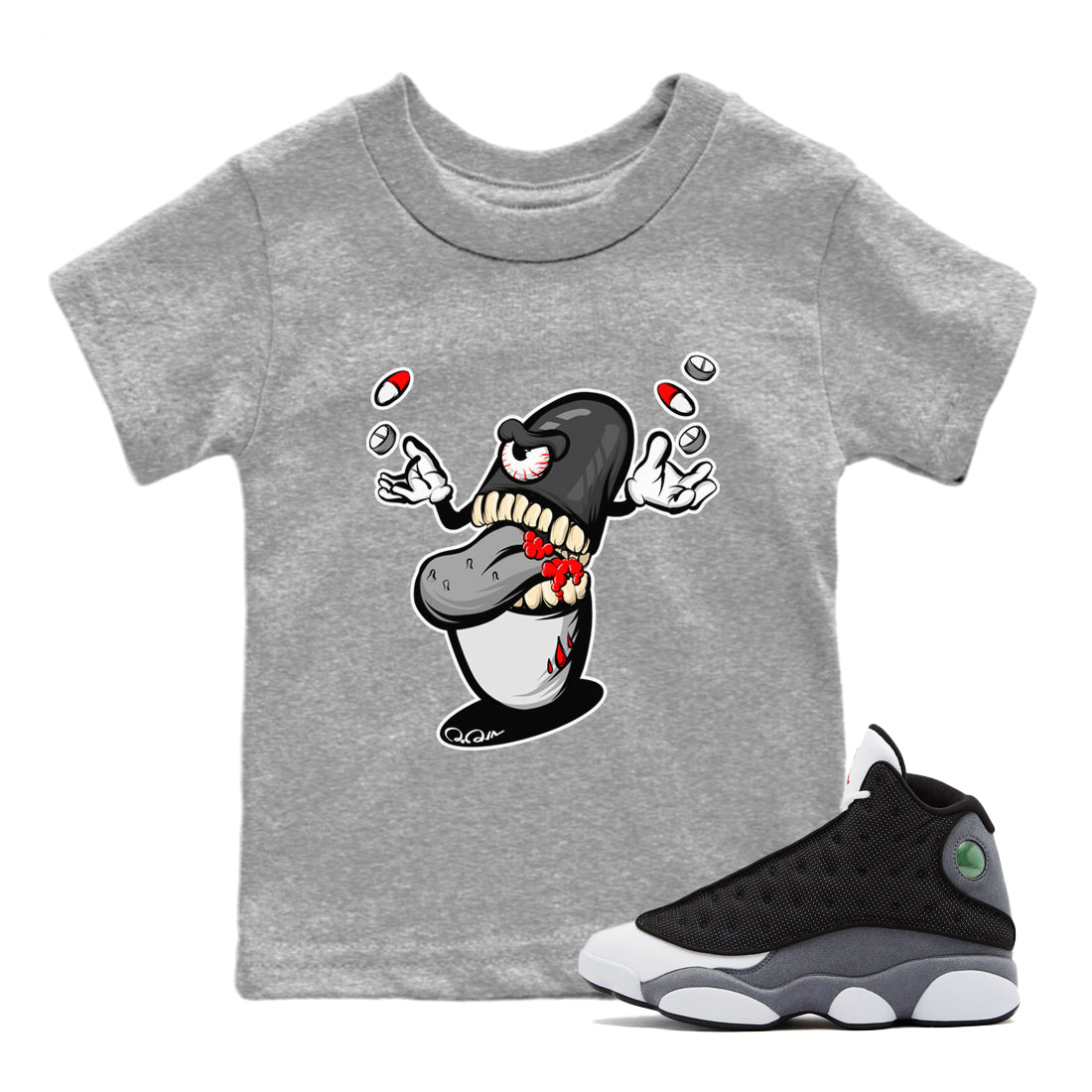Pill Monster Kids Tops - Air Jordan 13 Black Flint
