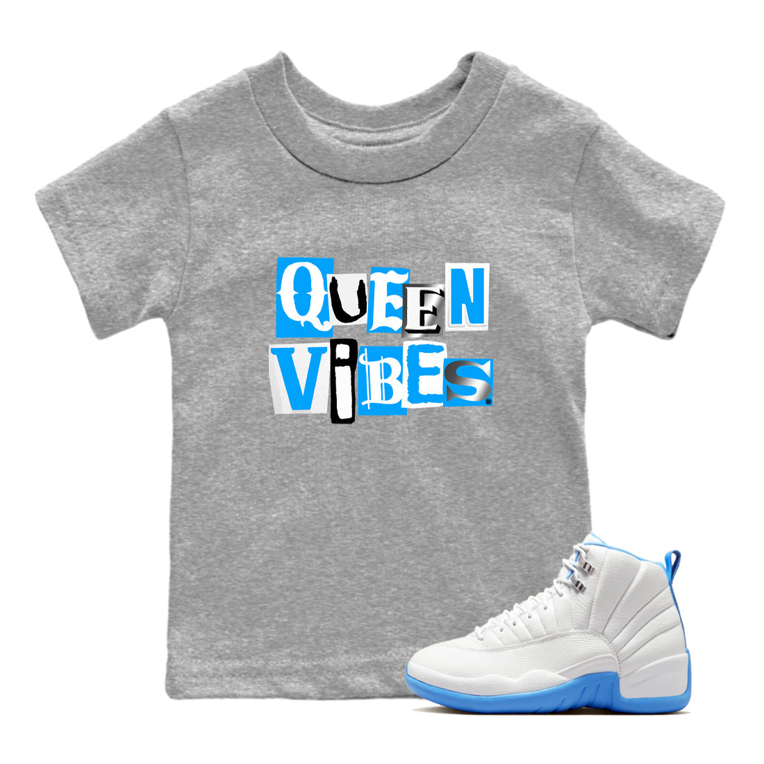 Queen Vibes snkmatch Tees Kids - Air Jordan 12 White and University Blue