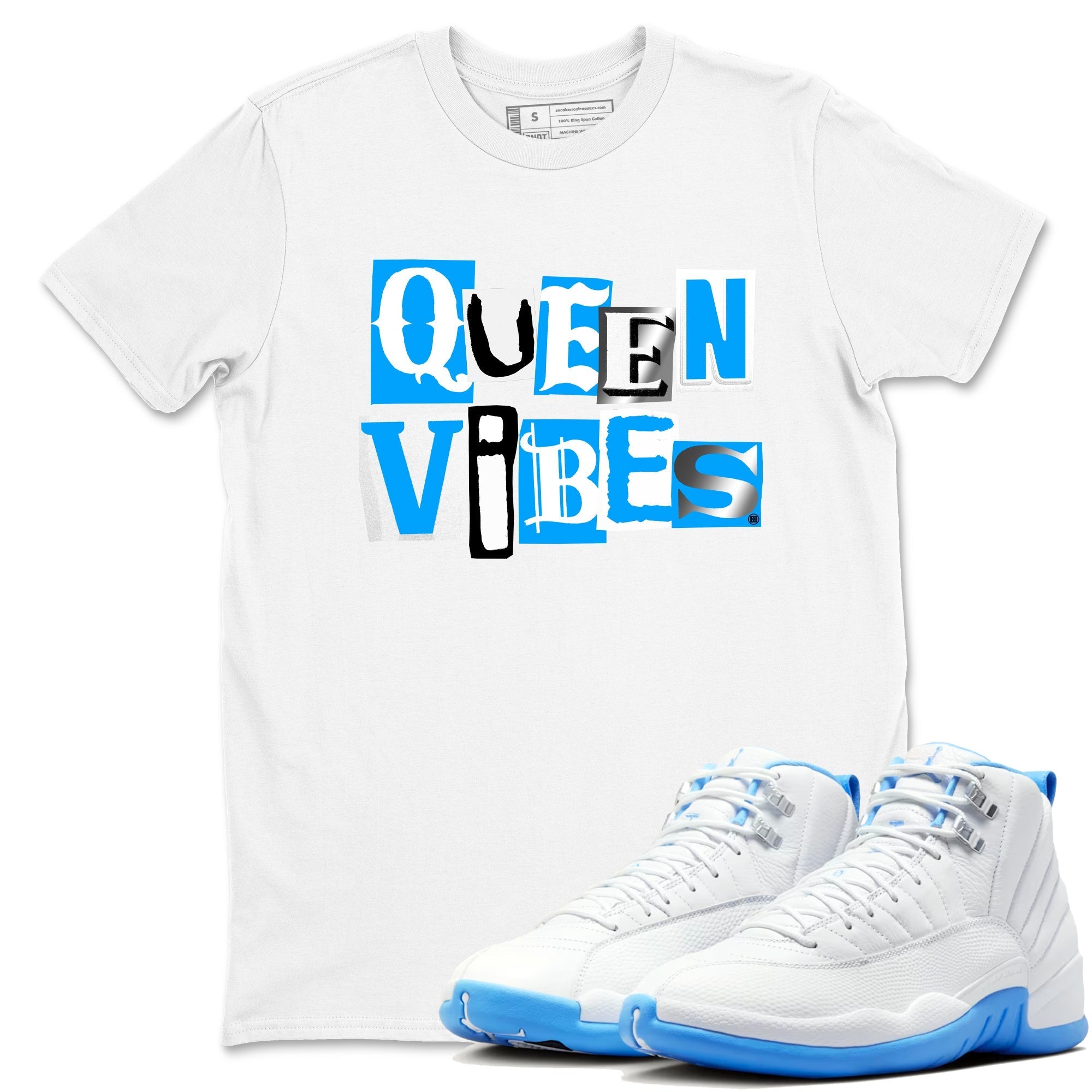 Queen Vibes snkmatch Tees - Air Jordan 12 White and University Blue