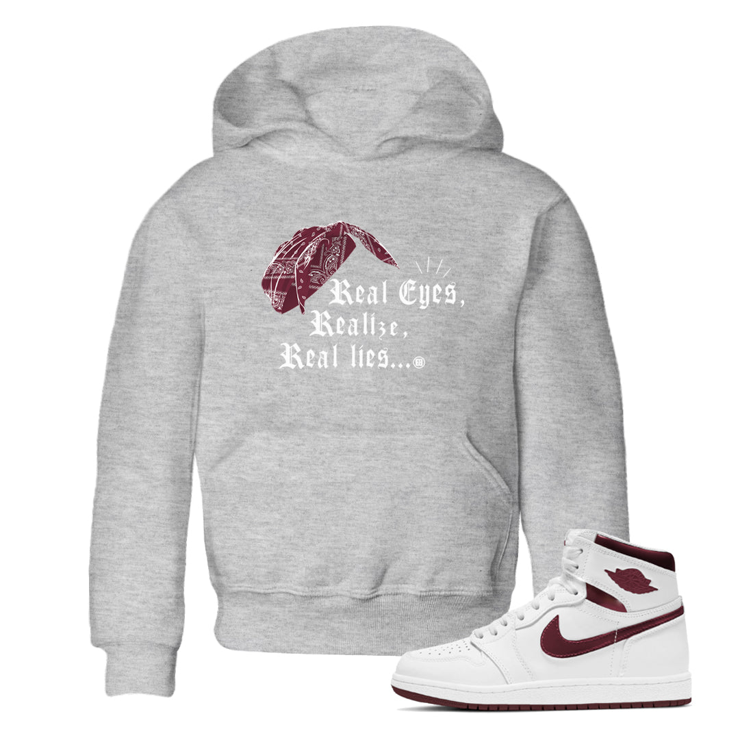 Real Eyes Realize Real Lies snkmatch Tees Kids - Air Jordan 1 Metallic Burgundy