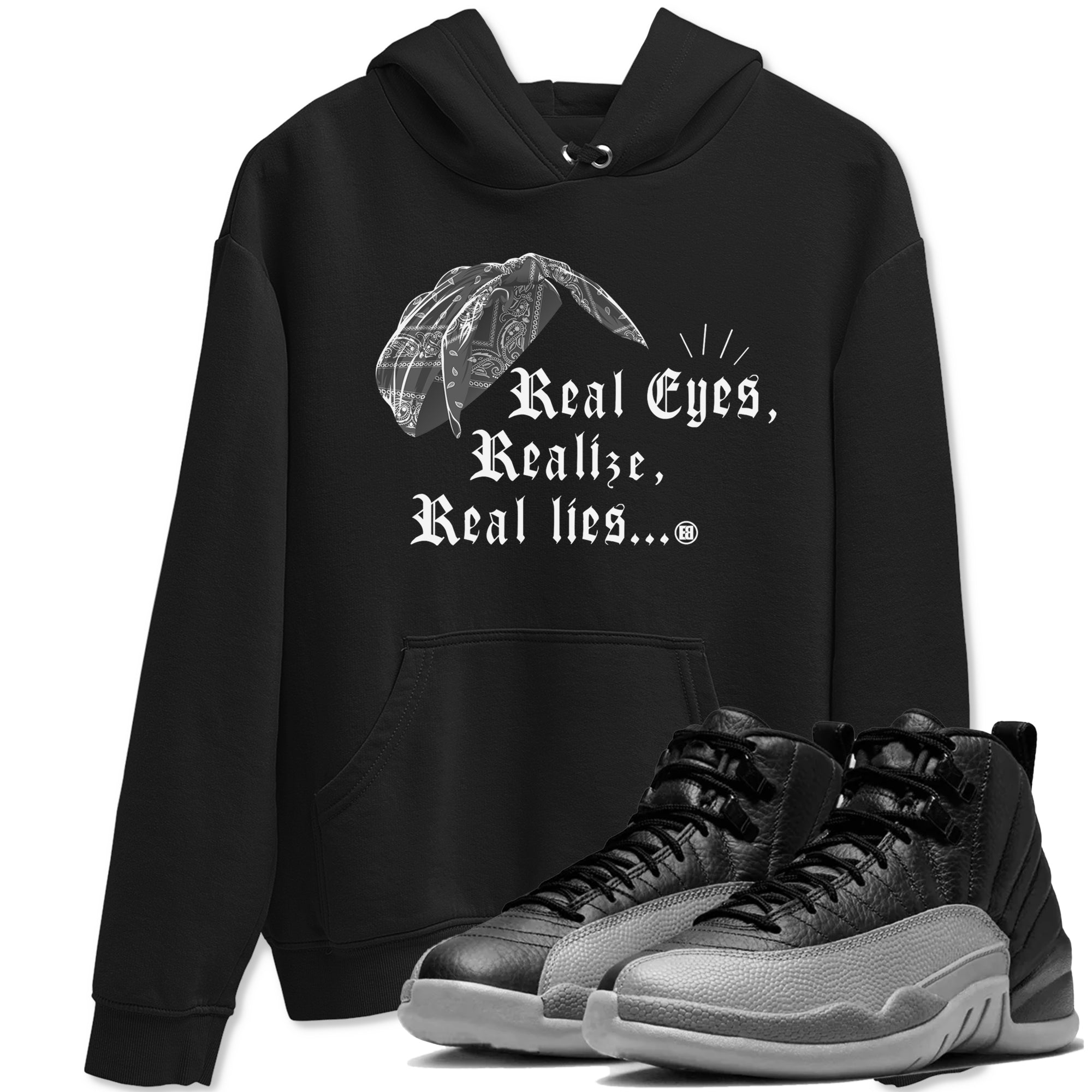 Real Eyes Realize Real Lies snkmatch Tees - Air Jordan 12 Black Wolf Grey