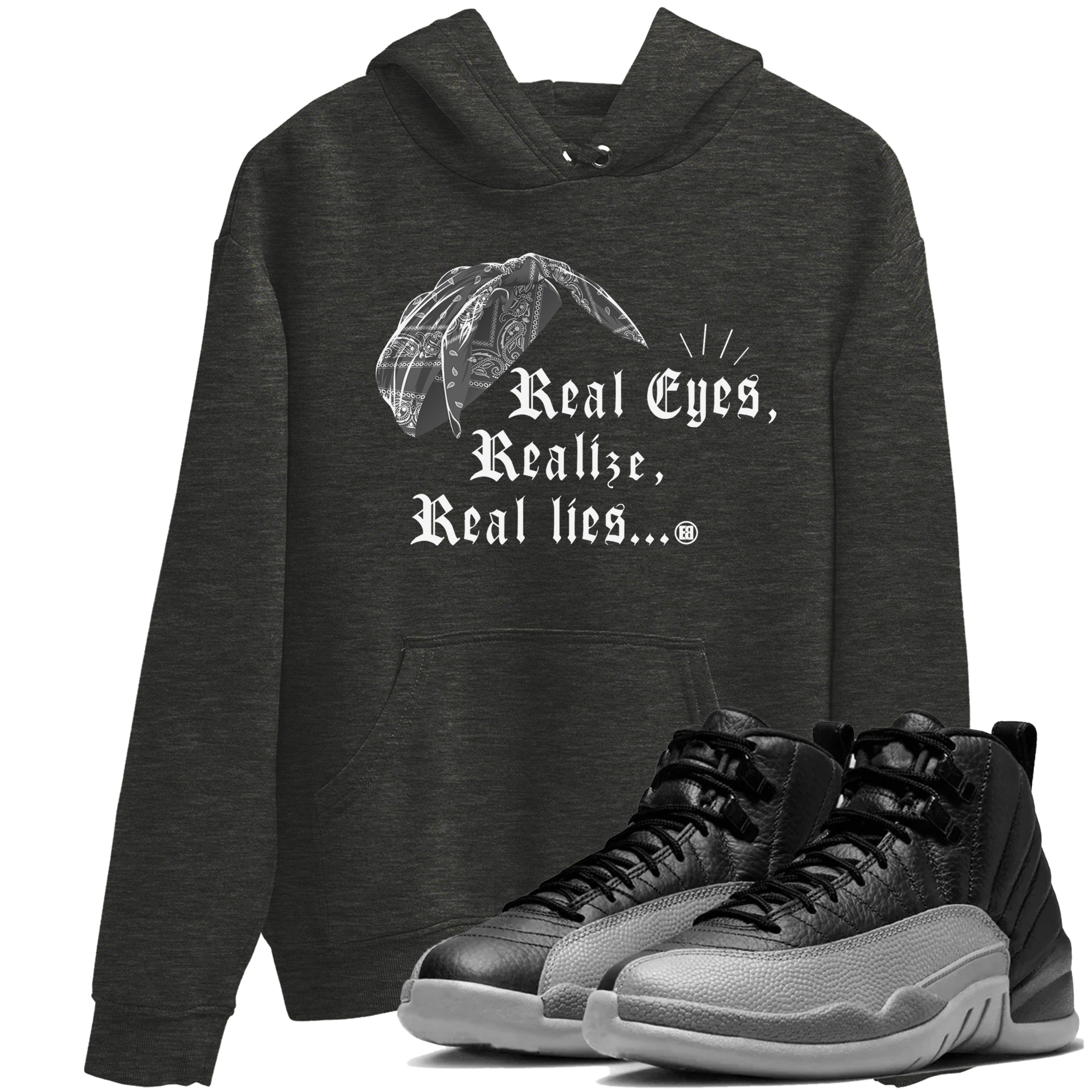 Real Eyes Realize Real Lies snkmatch Tees - Air Jordan 12 Black Wolf Grey