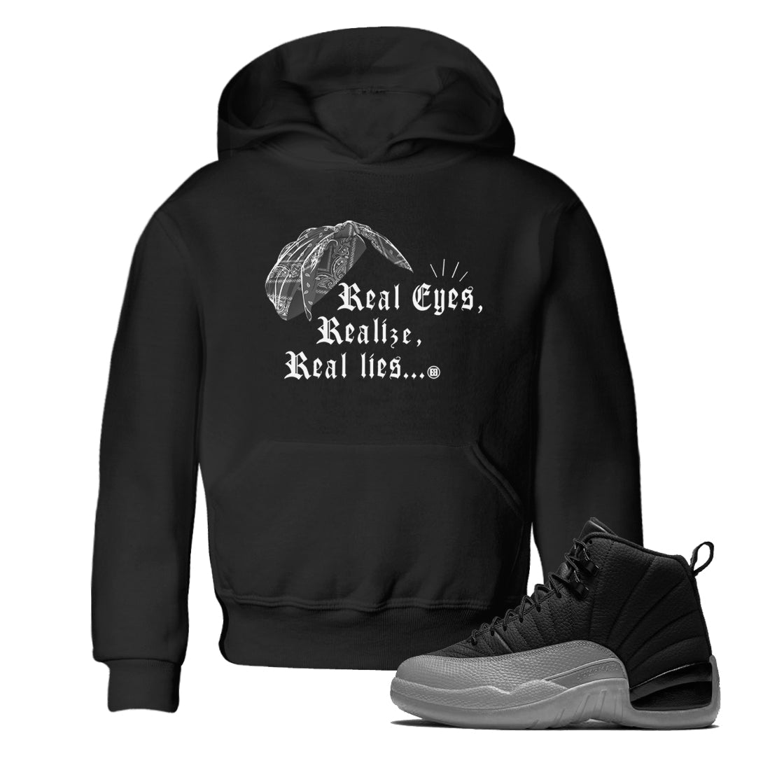 Real Eyes Realize Real Lies snkmatch Tees Kids - Air Jordan 12 Black Wolf Grey