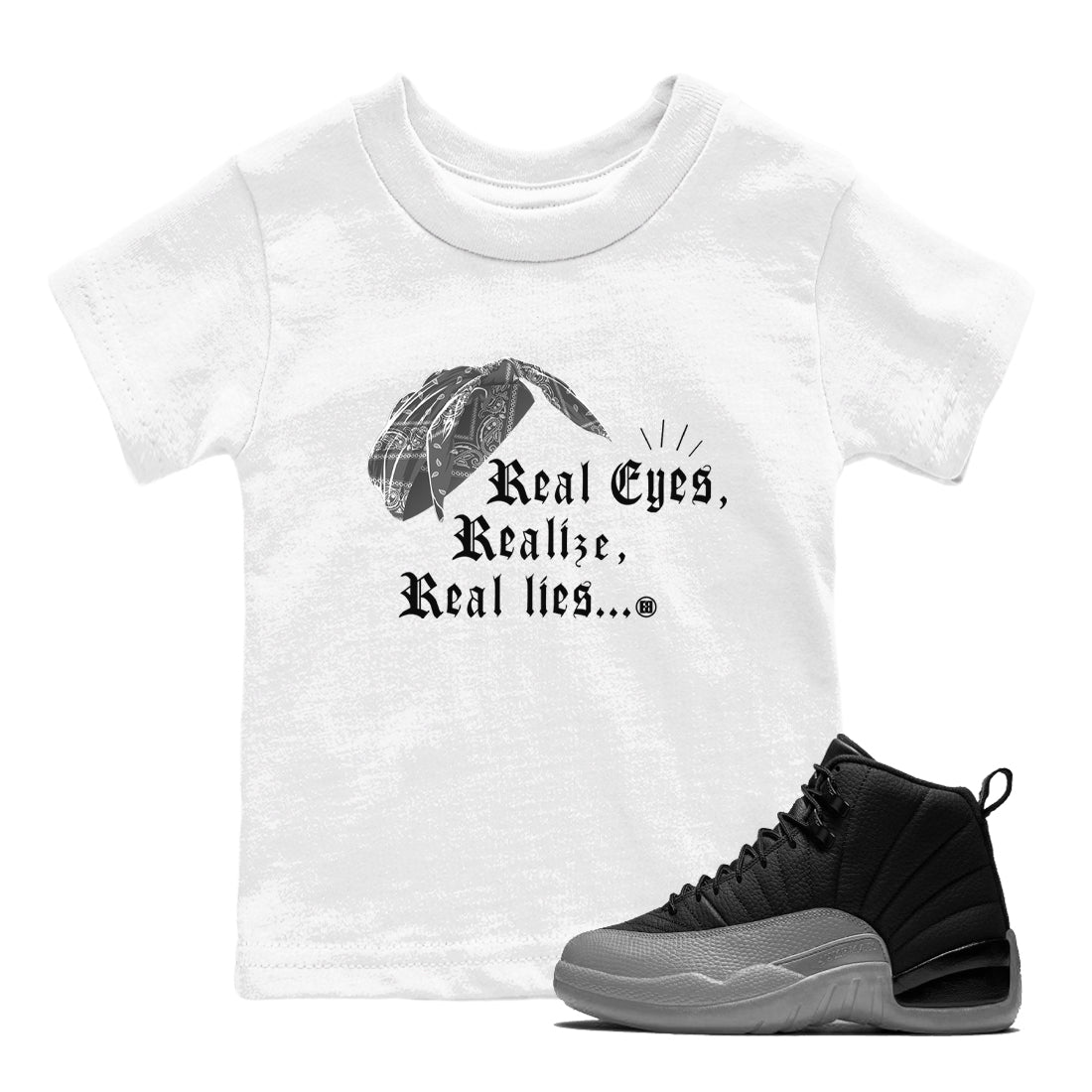 Real Eyes Realize Real Lies snkmatch Tees Kids - Air Jordan 12 Black Wolf Grey