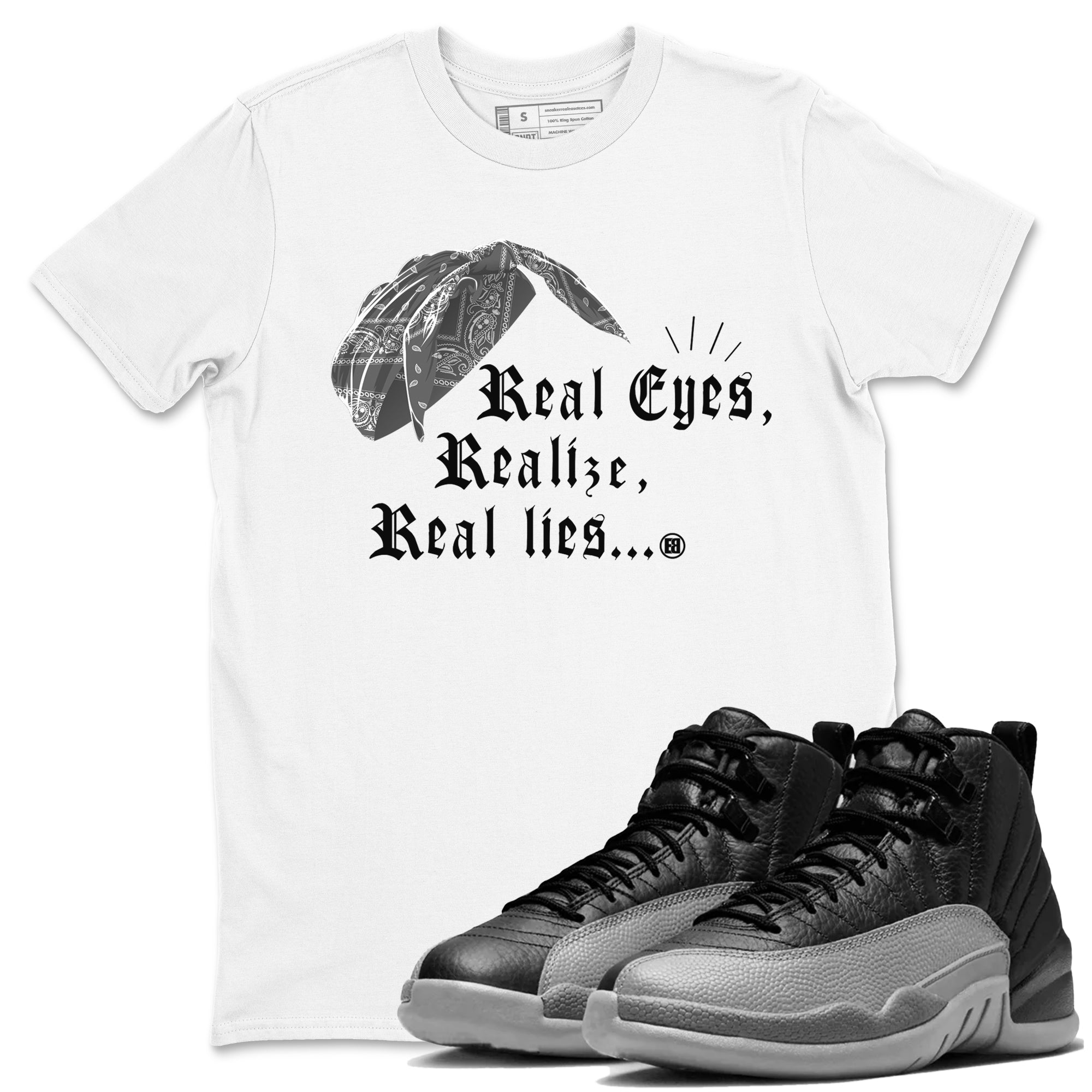 Real Eyes Realize Real Lies snkmatch Tees - Air Jordan 12 Black Wolf Grey