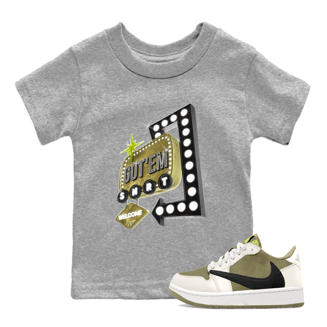 Retro Neon Sign snkmatch Tee Kids - Air Jordan 1 Travis Scott Golf Olive