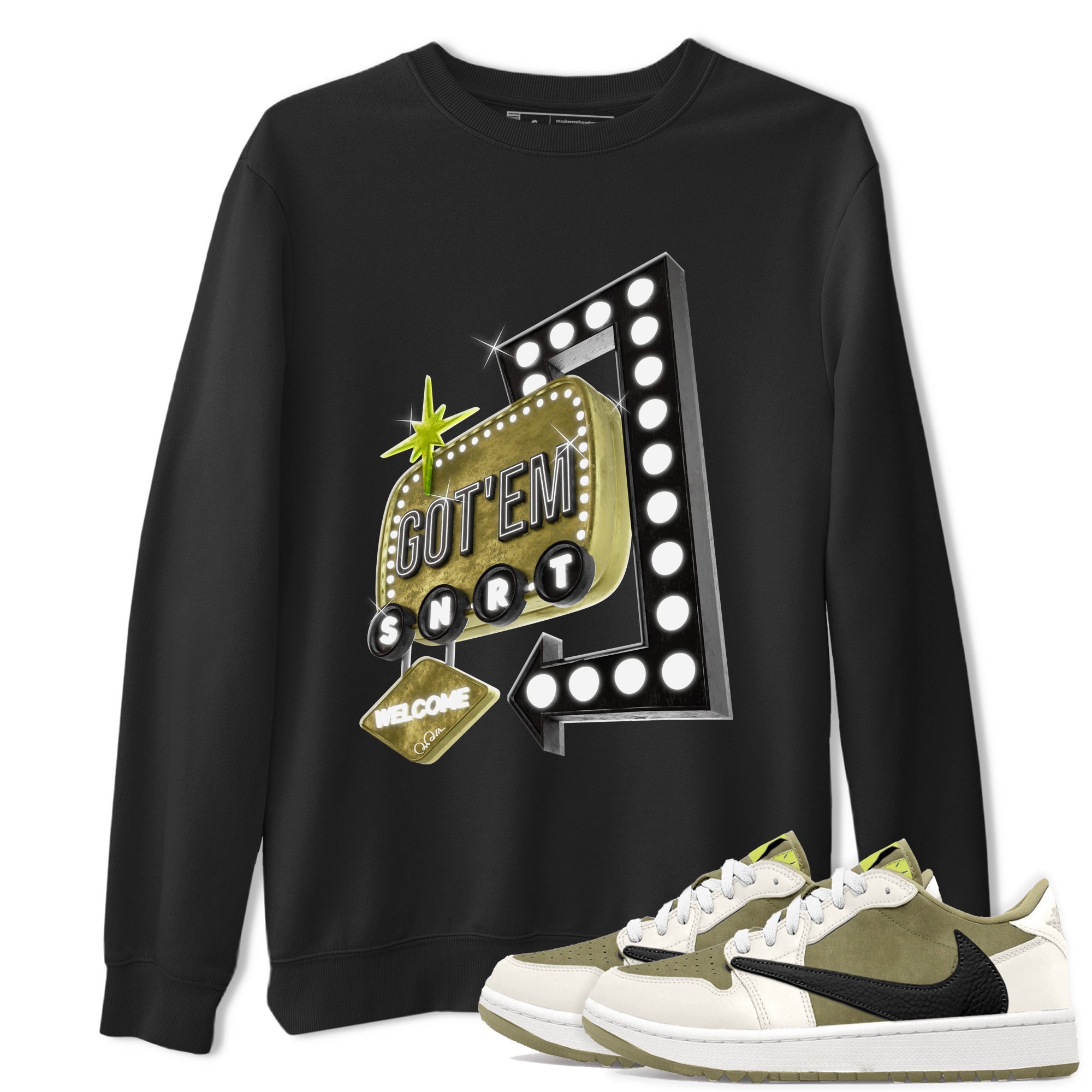 Retro Neon Sign snkmatch Tee - Air Jordan 1 Travis Scott Golf Olive
