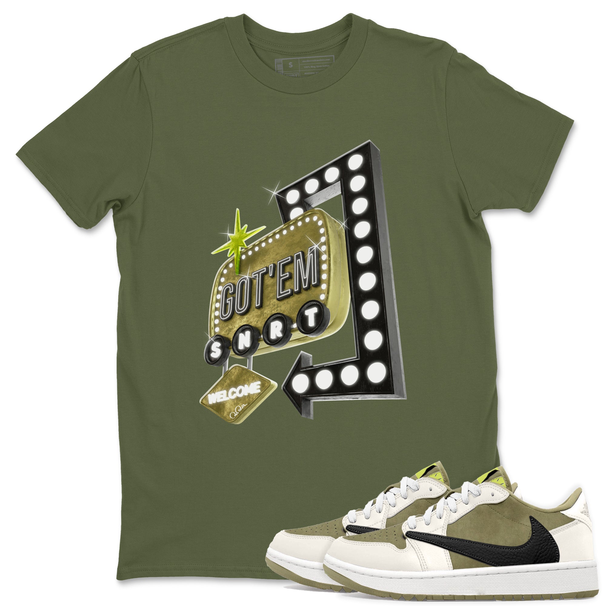 Retro Neon Sign snkmatch Tee - Air Jordan 1 Travis Scott Golf Olive