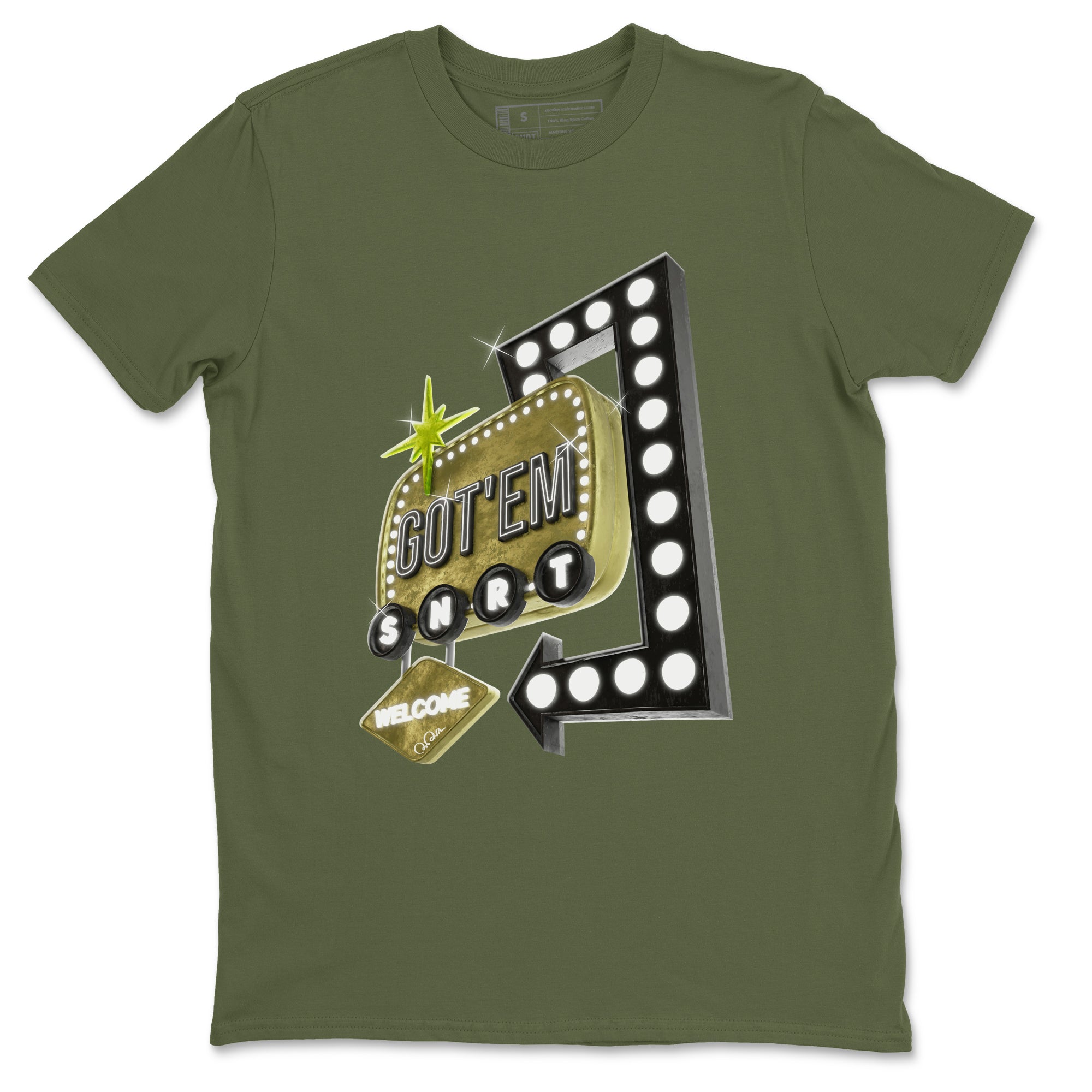 Retro Neon Sign snkmatch Tee - Air Jordan 1 Travis Scott Golf Olive