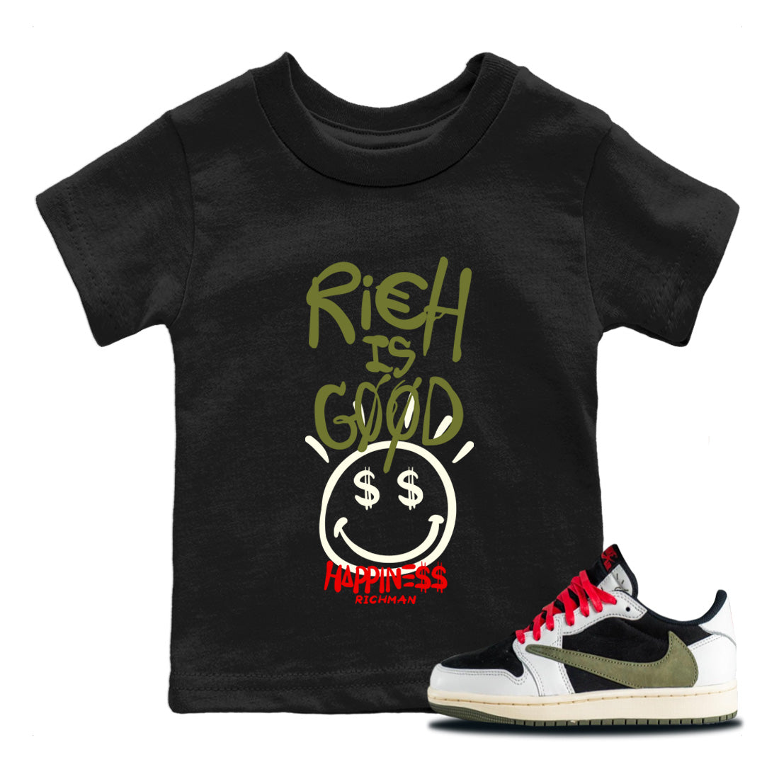 Rich Is Good Kids Tops - Air Jordan 1 Travis Scott Olive