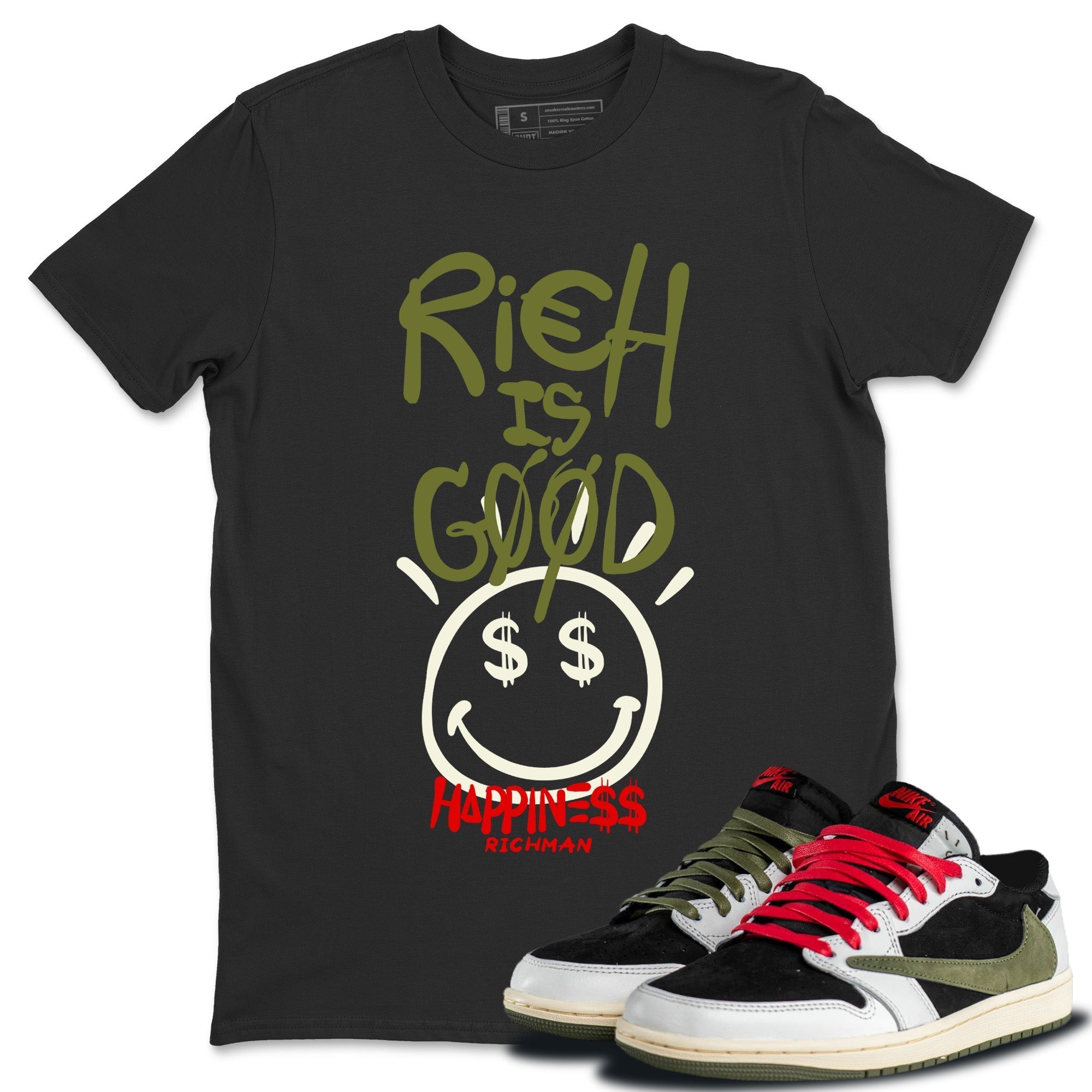 Rich Is Good Unisex Tops - Air Jordan 1 Travis Scott Olive