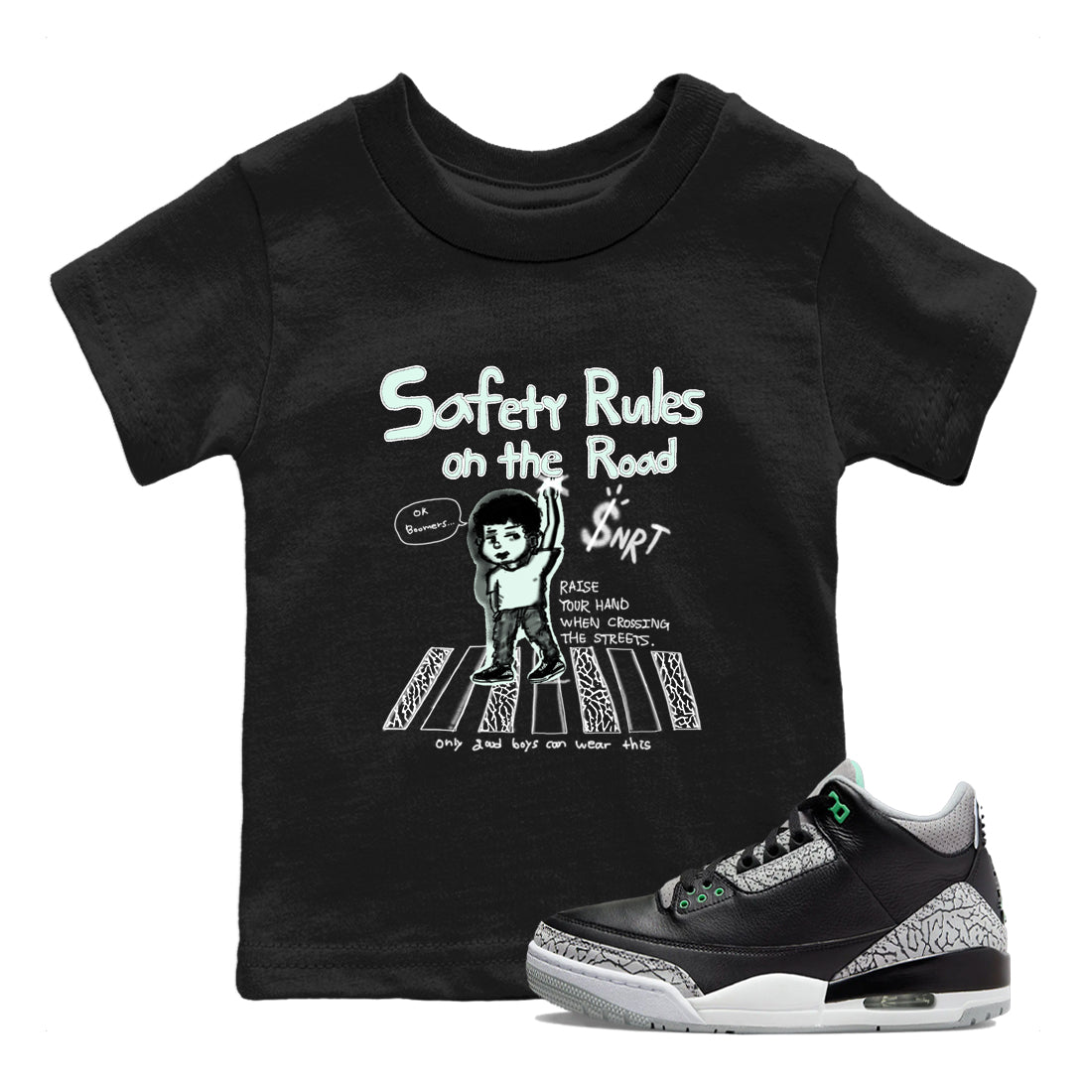 Safety Rules On The Road snkmatch Tees Kids - Air Jordan 3 Green Glow