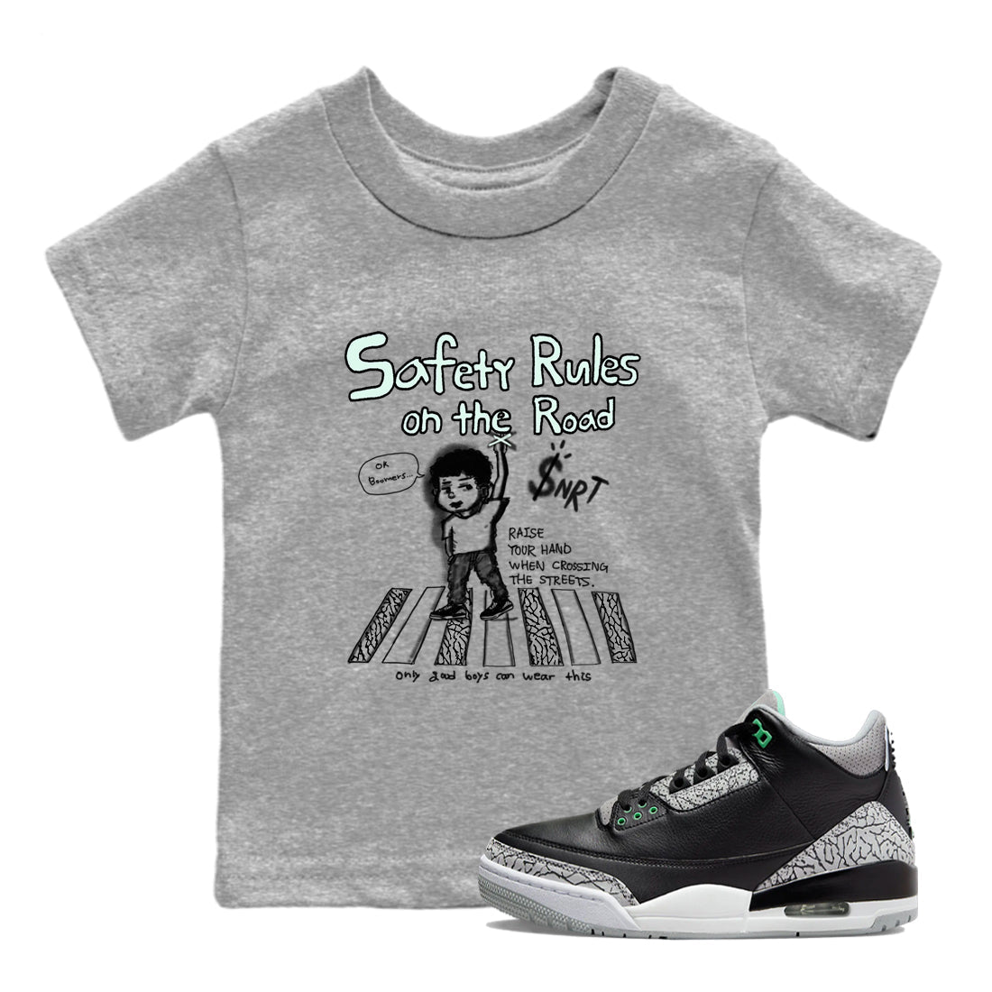 Safety Rules On The Road snkmatch Tees Kids - Air Jordan 3 Green Glow